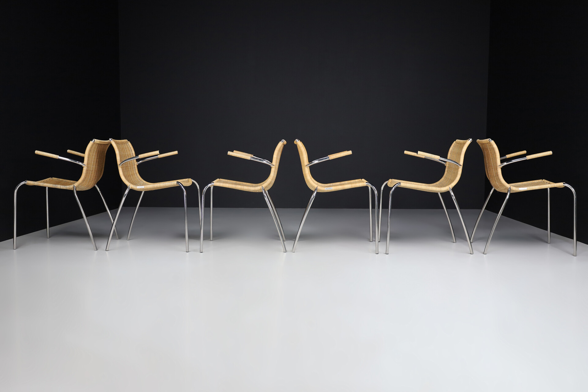 Mid century modern Dutch design armchairs in wicker and chrome , The Netherlands 1960s Mid-20th century