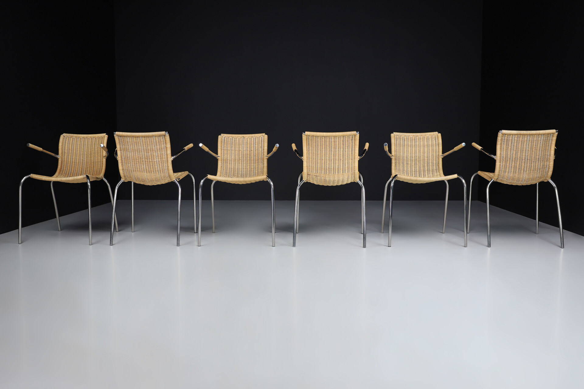 Mid century modern Dutch design armchairs in wicker and chrome , The Netherlands 1960s Mid-20th century