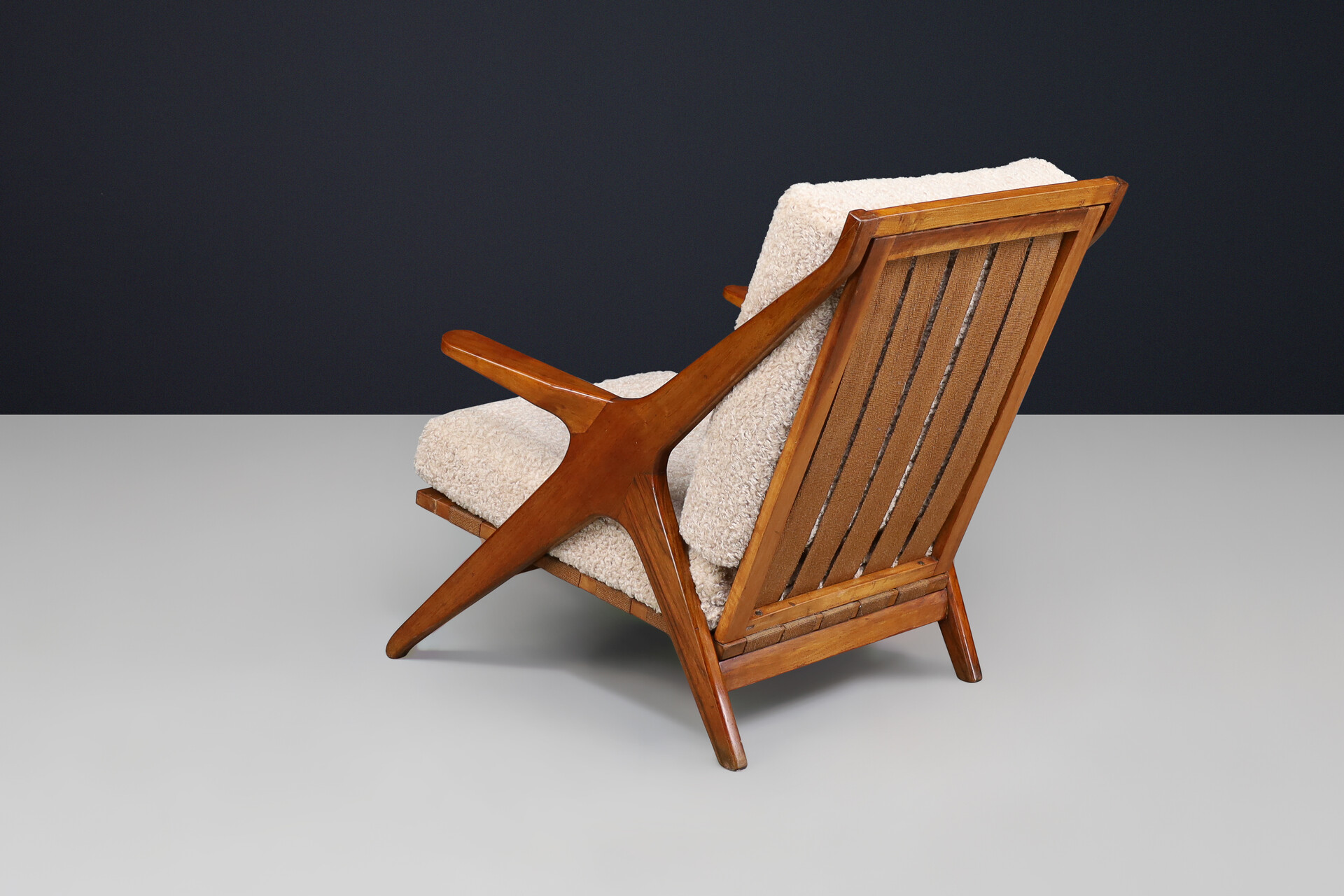 Mid century modern Elegant Armchairs in Walnut and Teddy Fabric, Italy 1950s Mid-20th century