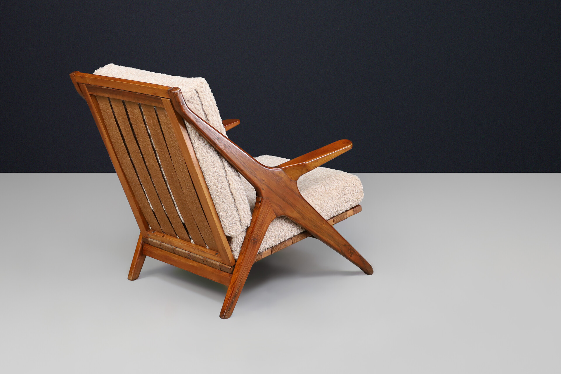 Mid century modern Elegant Armchairs in Walnut and Teddy Fabric, Italy 1950s Mid-20th century