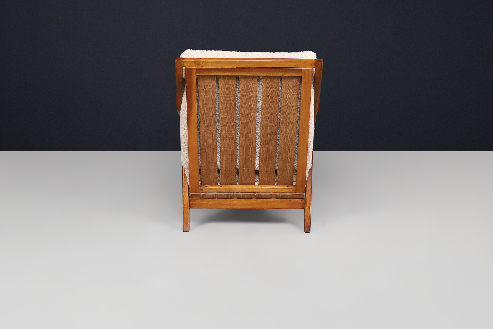 Mid century modern Elegant Armchairs in Walnut and Teddy Fabric, Italy 1950s Mid-20th century