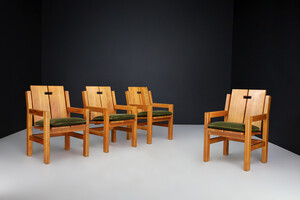Mid century modern Elm Armchairs with Green Velvet Upholstery, France 1970 Late-20th century