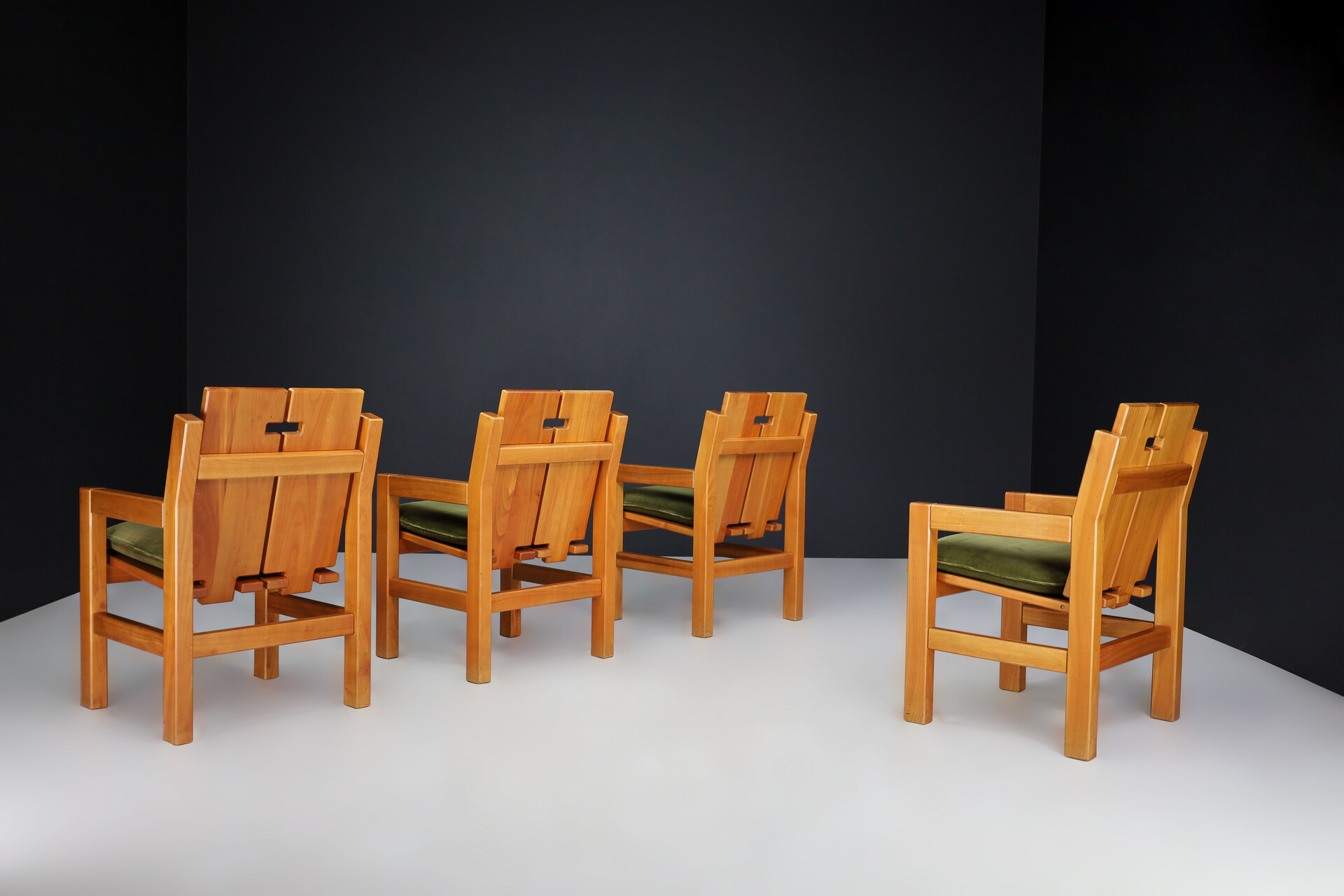 Mid century modern Elm Armchairs with Green Velvet Upholstery, France 1970 Late-20th century
