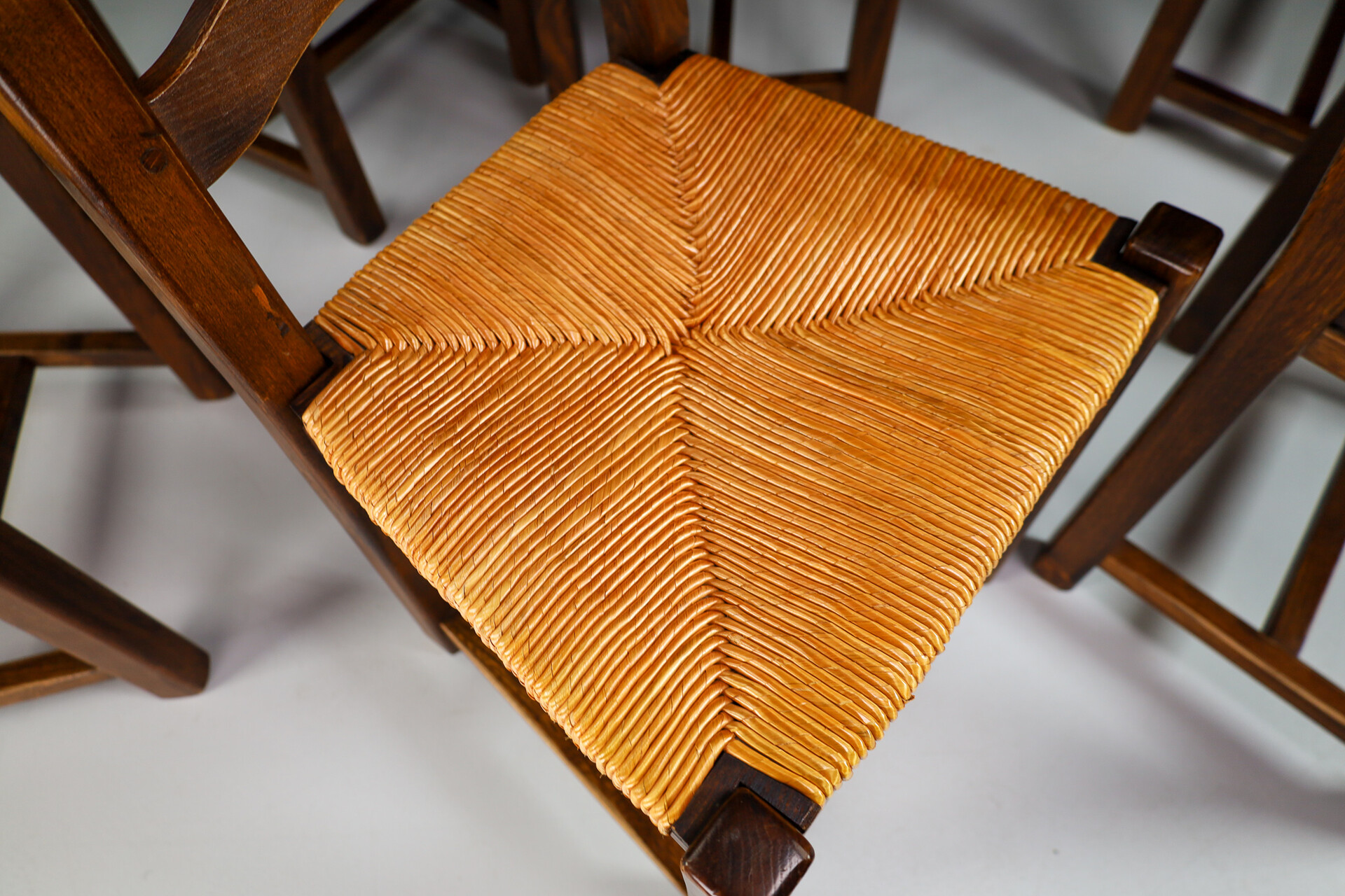 Mid century modern Elmwood and cane High Back Dining chairs, France 1960s Mid-20th century