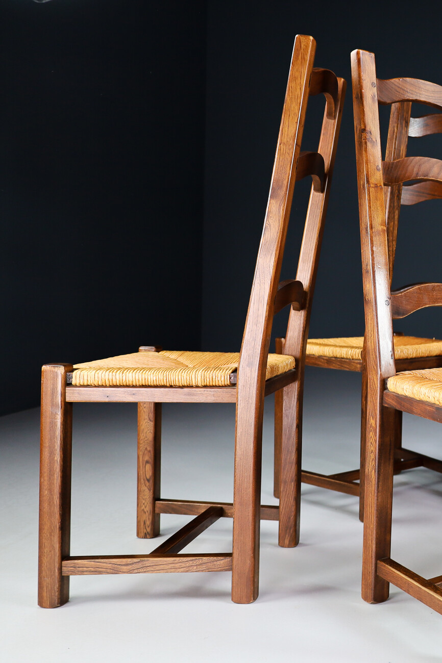 Mid century modern Elmwood and cane High Back Dining chairs, France 1960s Mid-20th century