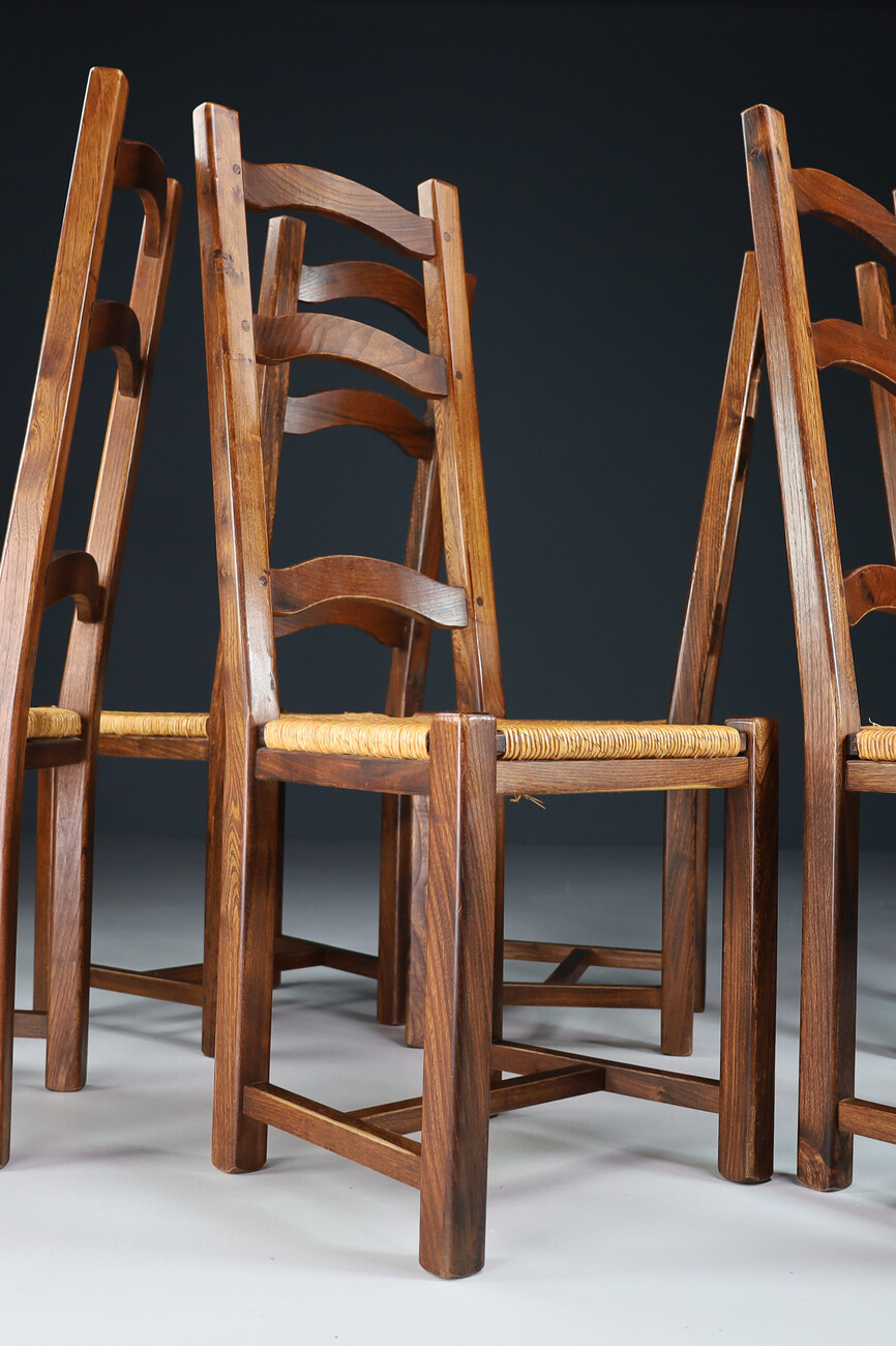 Mid century modern Elmwood and cane High Back Dining chairs, France 1960s Mid-20th century