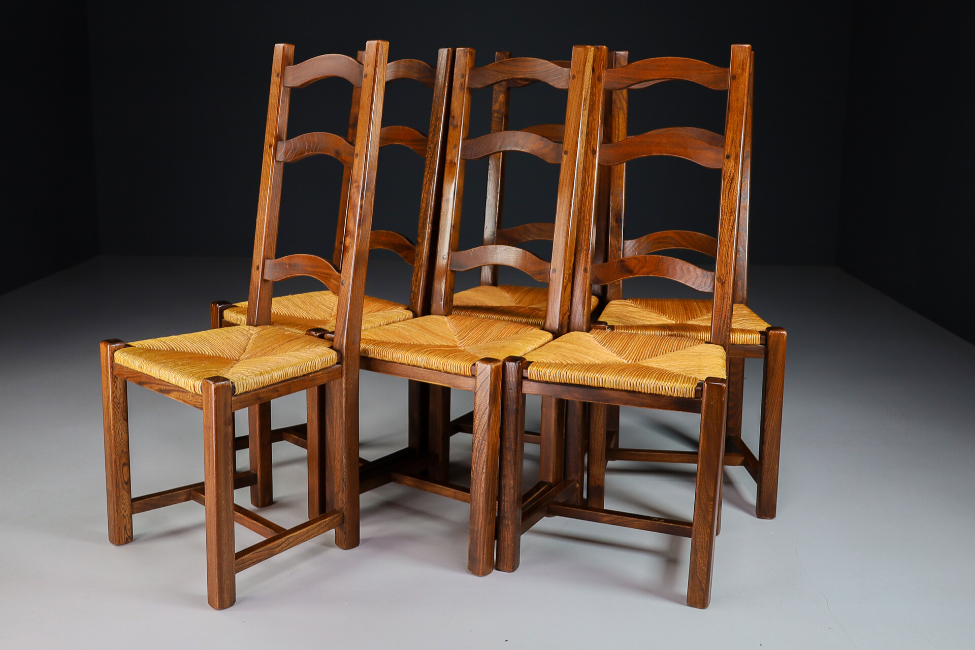 Mid century modern Elmwood and cane High Back Dining chairs, France 1960s Mid-20th century