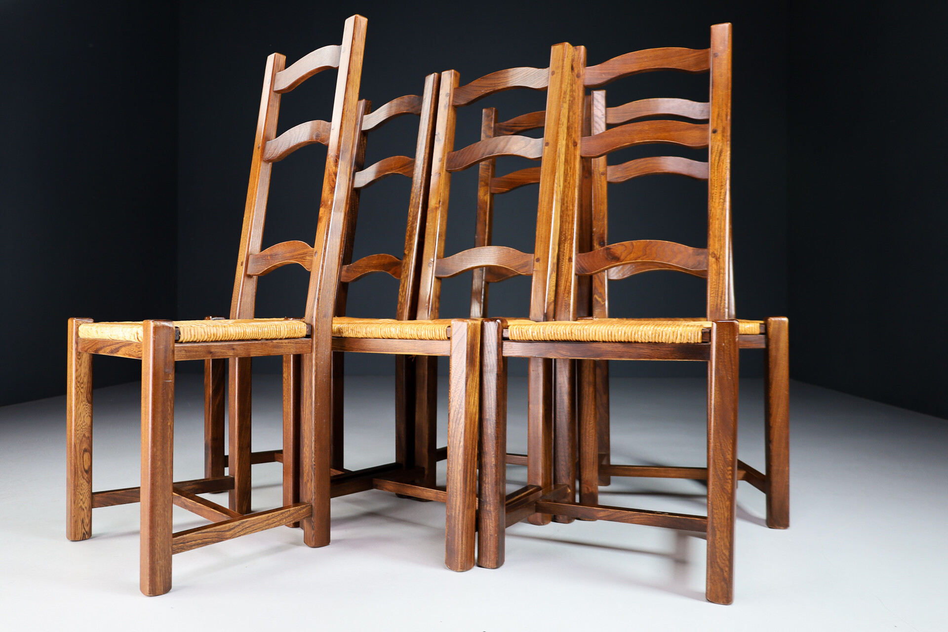 Mid century modern Elmwood and cane High Back Dining chairs, France 1960s Mid-20th century