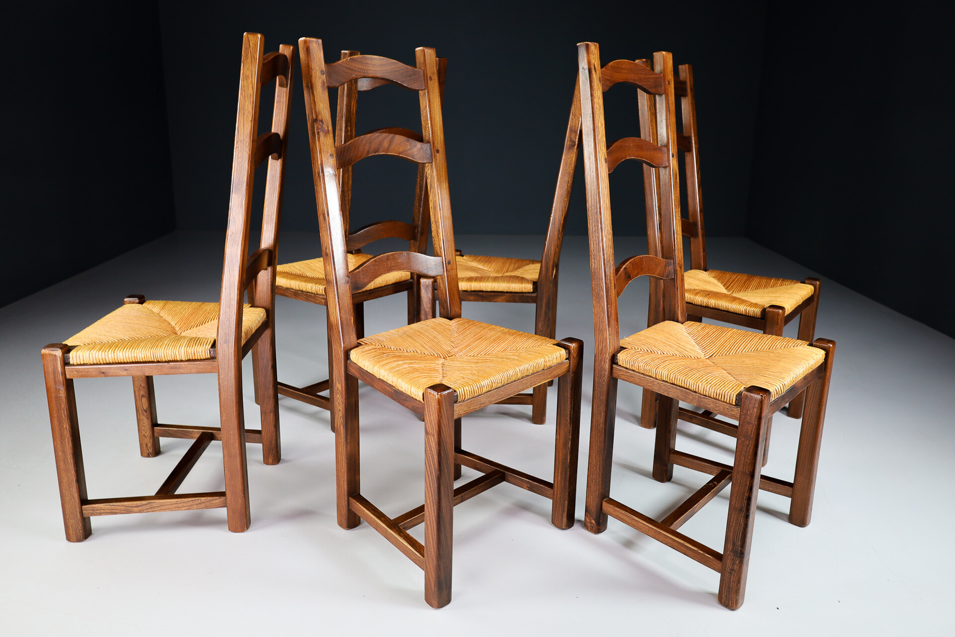 Mid century modern Elmwood and cane High Back Dining chairs, France 1960s Mid-20th century