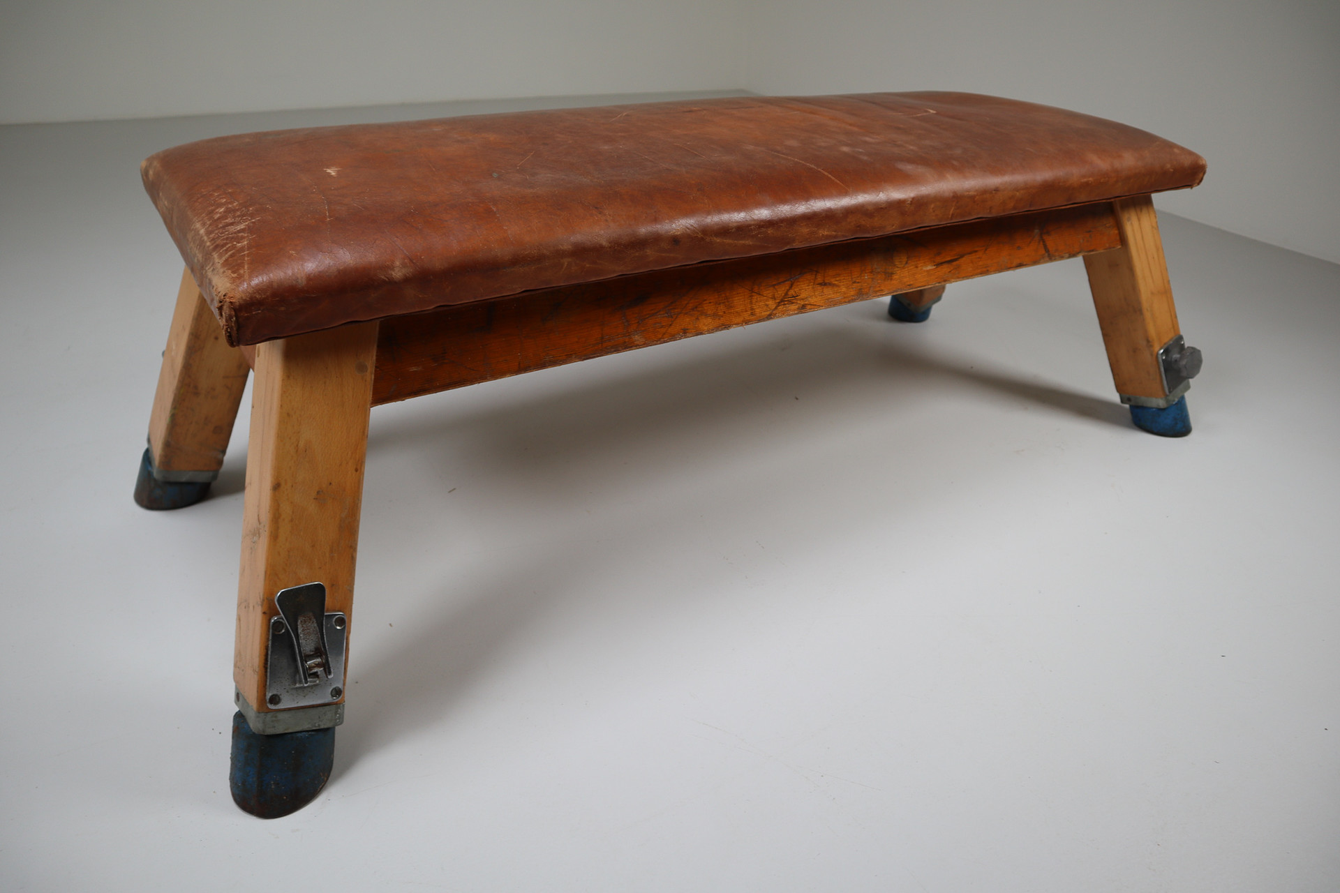 Mid century modern European Vintage Patinated Leather Gym Bench Or Table, Circa 1950s Mid-20th century