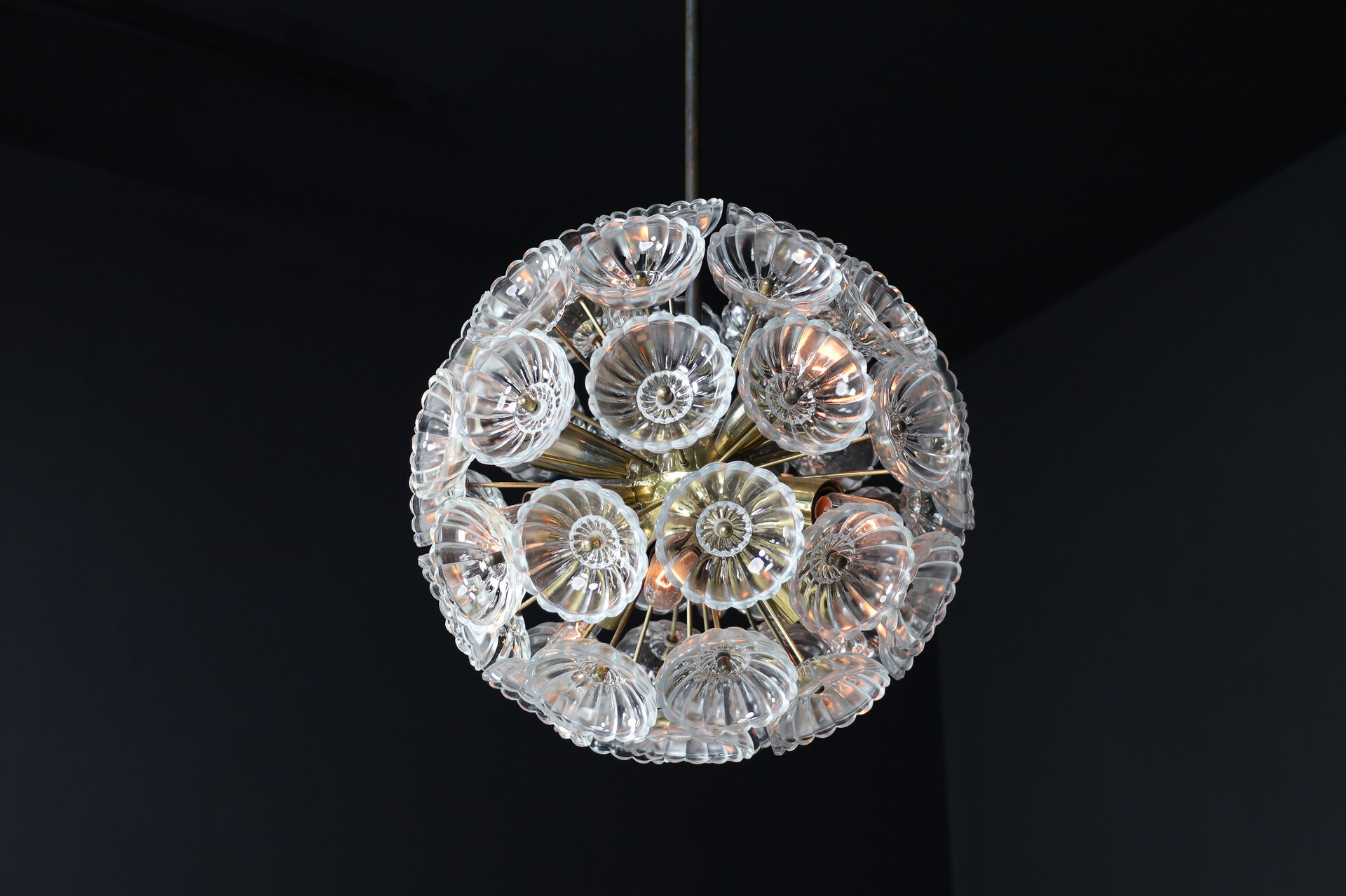 Mid century modern Floral Glass and Brass Chandelier, Germany, 1960s Mid-20th century