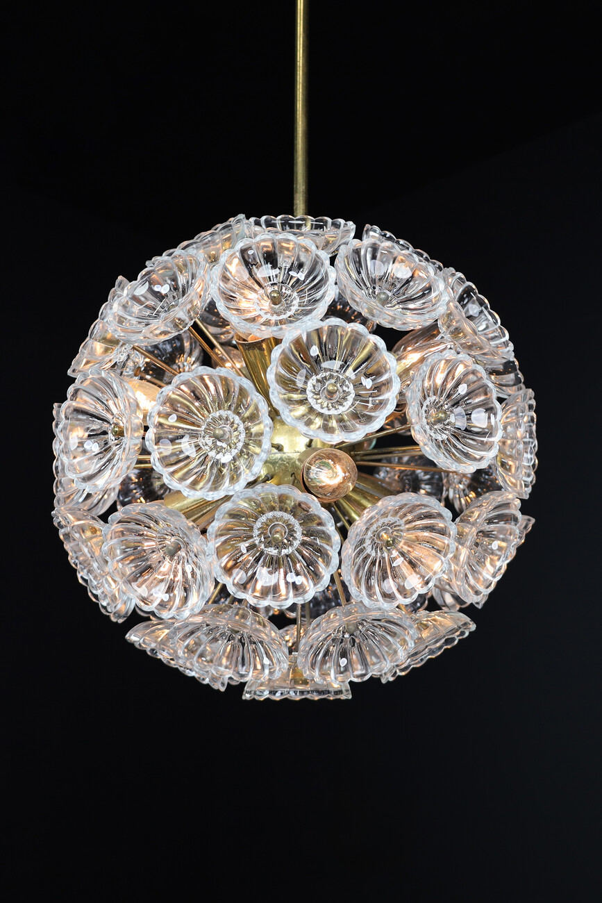 Mid century modern Floral Glass and Brass Chandelier, Germany, 1960s Mid-20th century