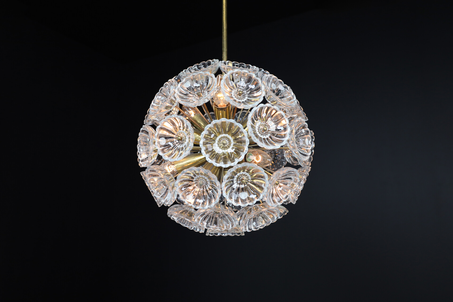 Mid century modern Floral Glass and Brass Chandelier, Germany, 1960s Mid-20th century