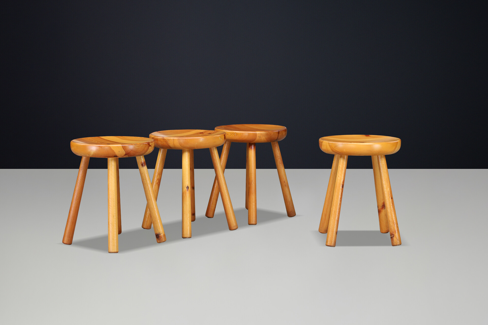 Mid century modern French Alpine Pine Stools in the Style of Charlotte Perriand, France 1950s Mid-20th century