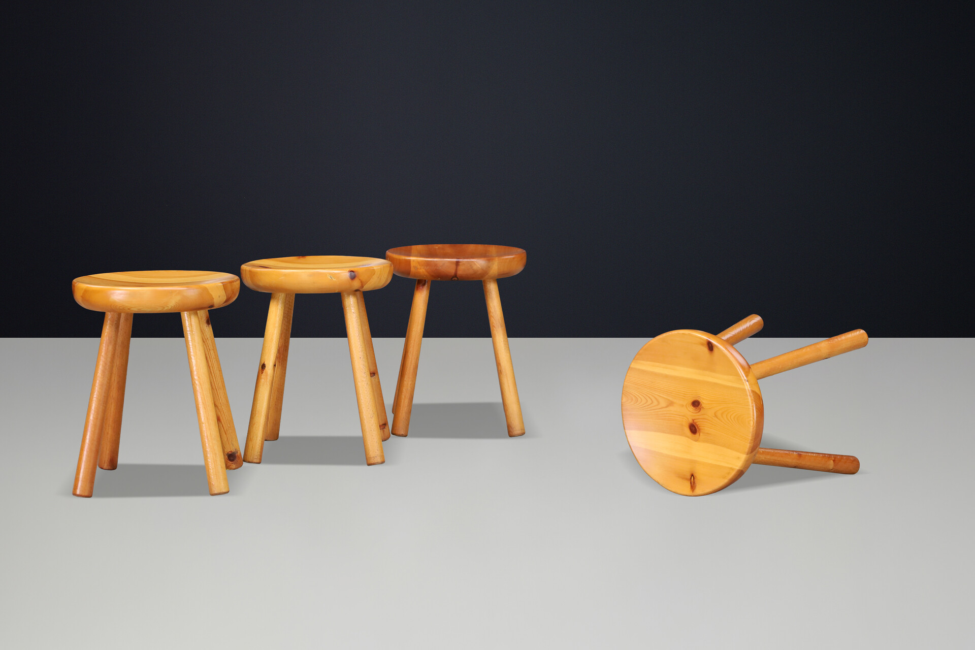 Mid century modern French Alpine Pine Stools in the Style of Charlotte Perriand, France 1950s Mid-20th century