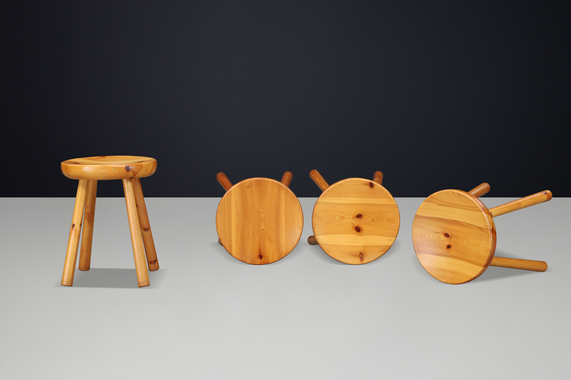 Mid century modern French Alpine Pine Stools in the Style of Charlotte Perriand, France 1950s Mid-20th century
