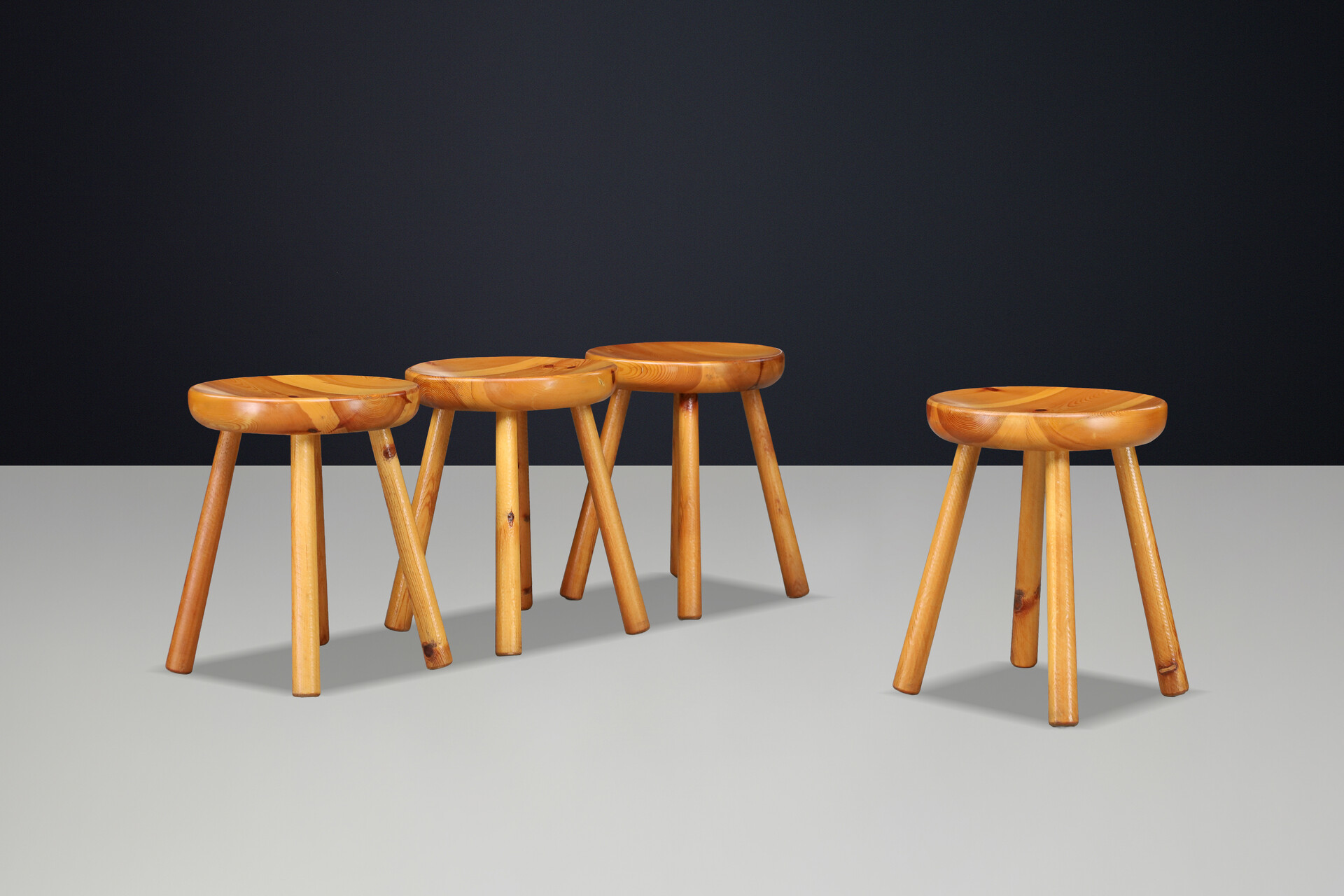 Mid century modern French Alpine Pine Stools in the Style of Charlotte Perriand, France 1950s Mid-20th century