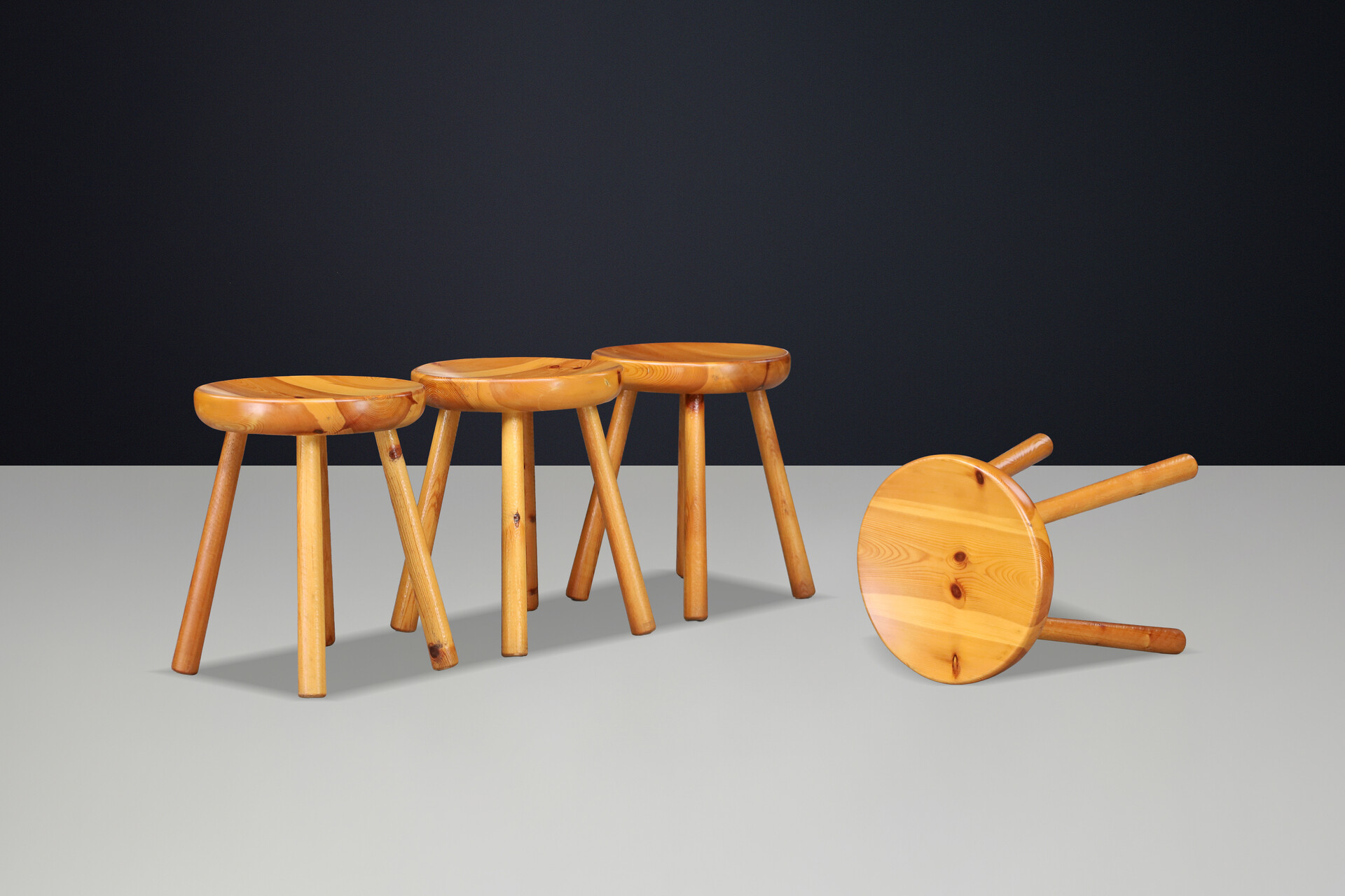 Mid century modern French Alpine Pine Stools in the Style of Charlotte Perriand, France 1950s Mid-20th century