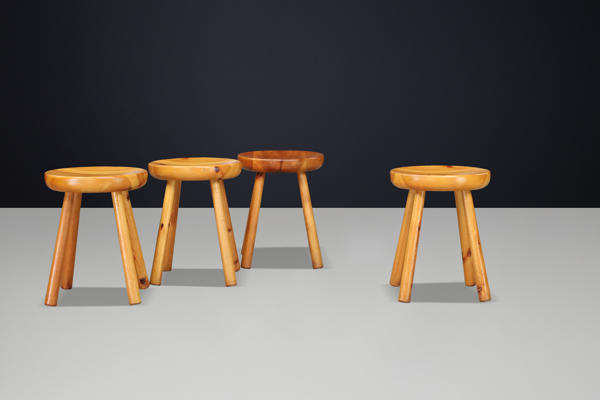 Mid century modern French Alpine Pine Stools in the Style of Charlotte Perriand, France 1950s Mid-20th century
