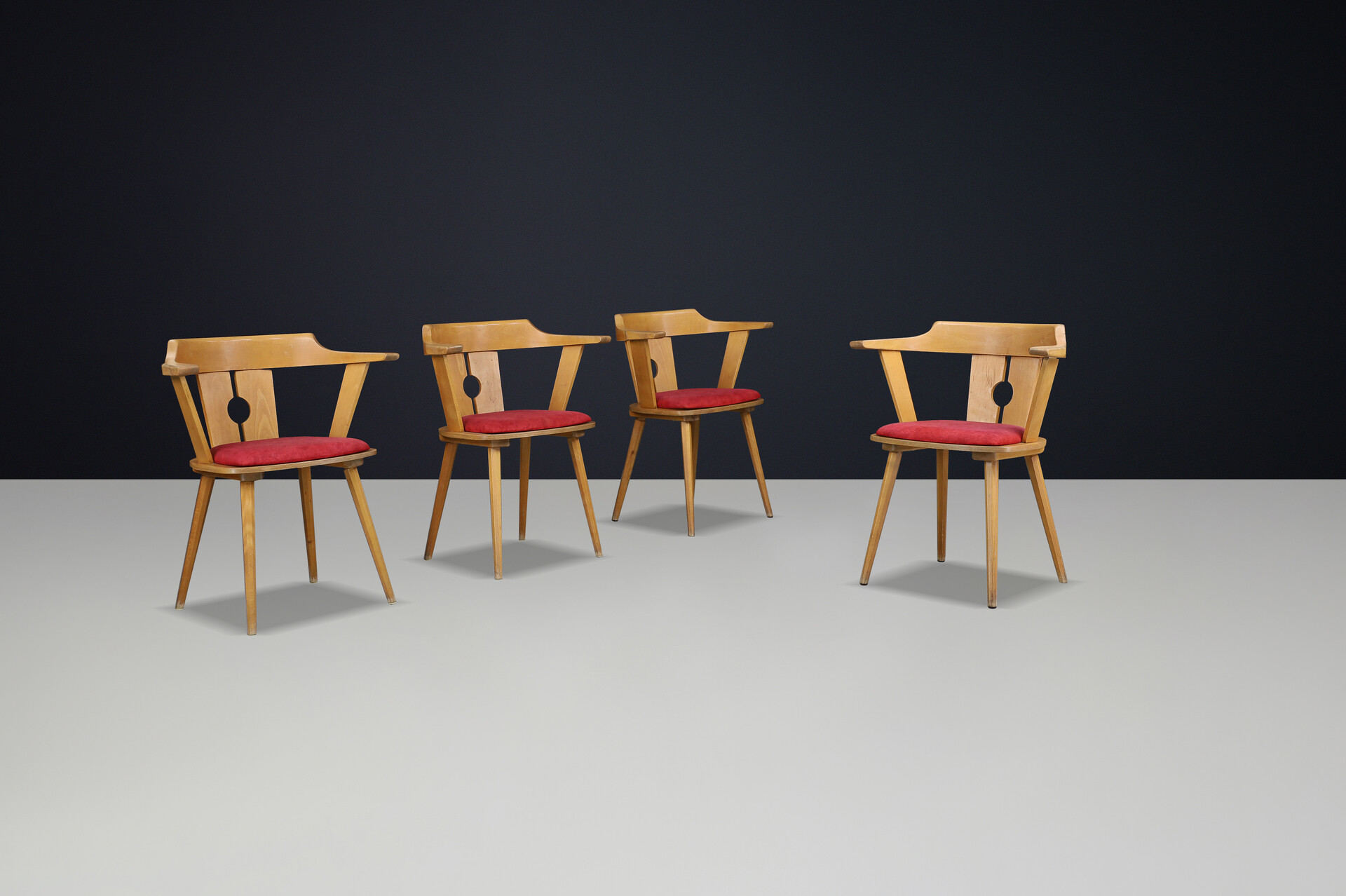 Mid century modern French Bistro Armchair in Beech and Red Upholstery, 1950s Mid-20th century