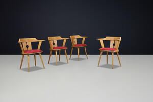 Mid century modern French Bistro Armchair in Beech and Red Upholstery, 1950s Mid-20th century