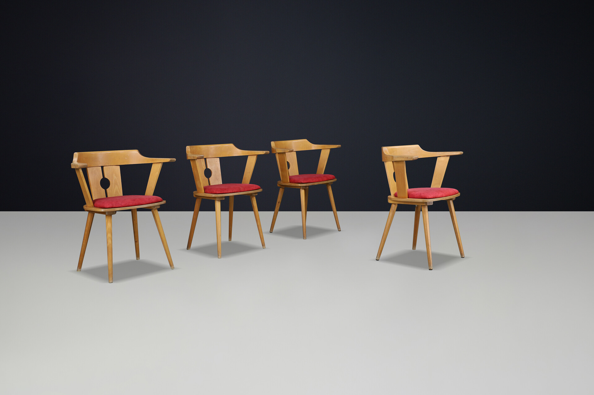 Mid century modern French Bistro Armchair in Beech and Red Upholstery, 1950s Mid-20th century
