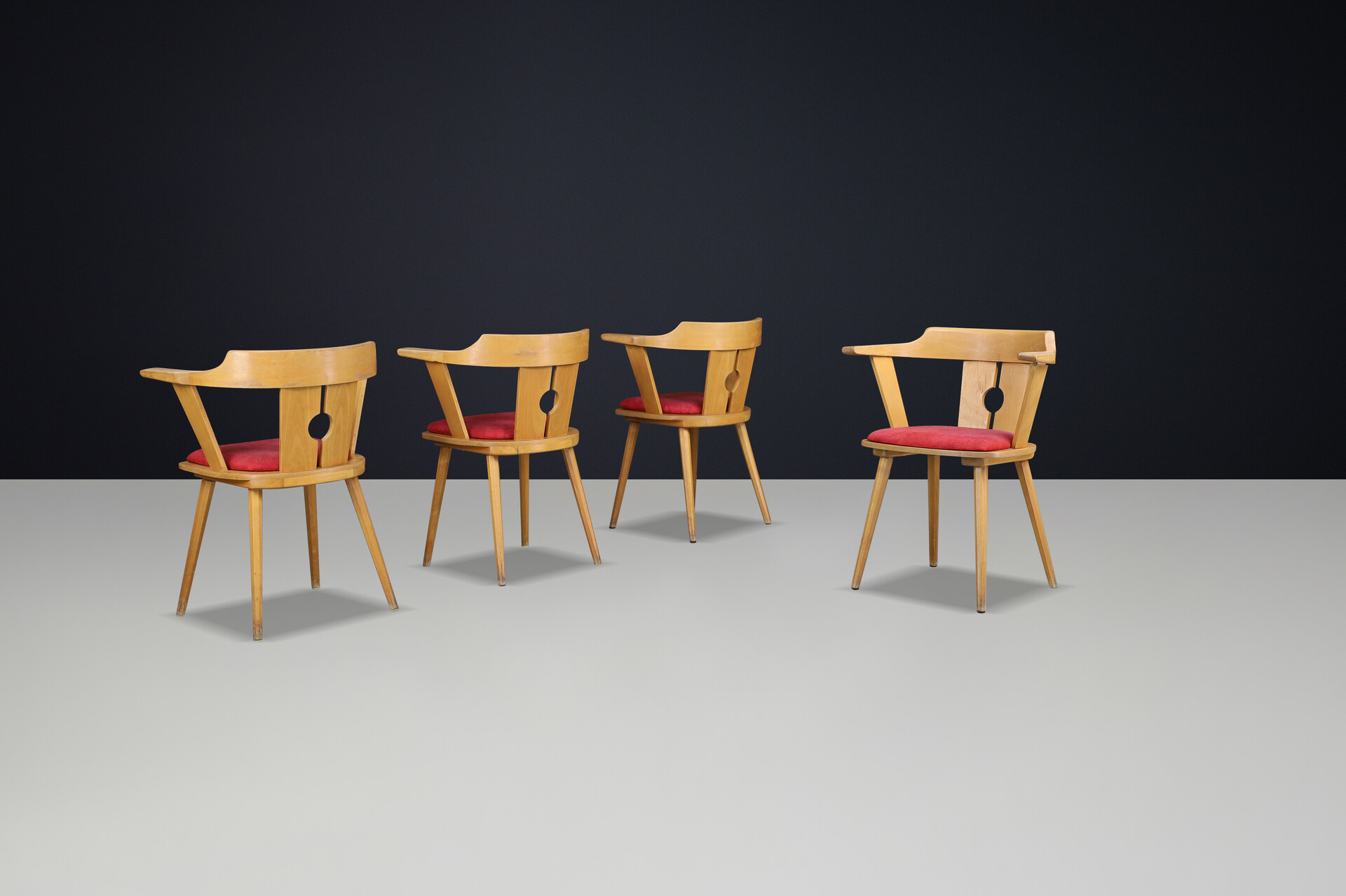 Mid century modern French Bistro Armchair in Beech and Red Upholstery, 1950s Mid-20th century