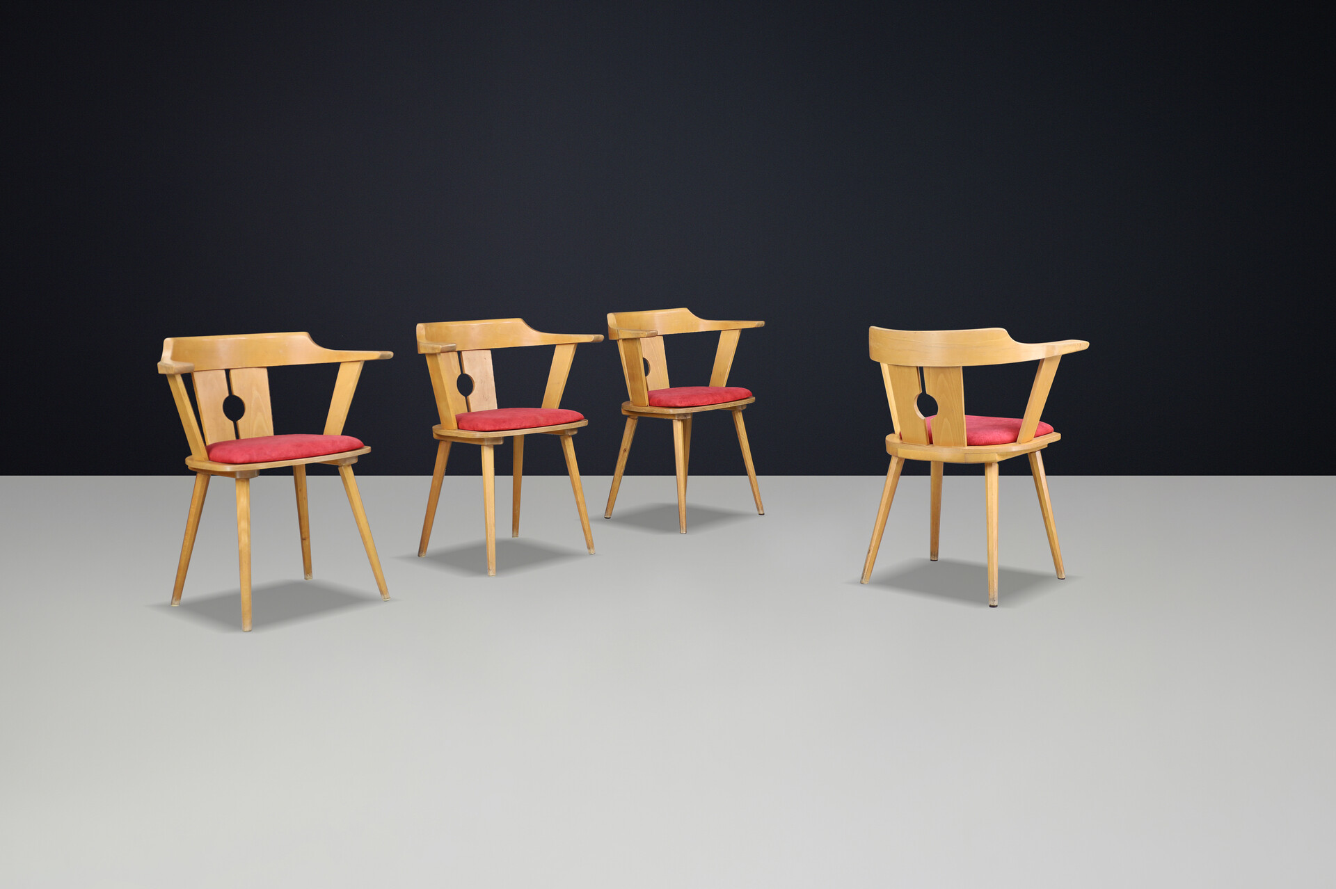 Mid century modern French Bistro Armchair in Beech and Red Upholstery, 1950s Mid-20th century