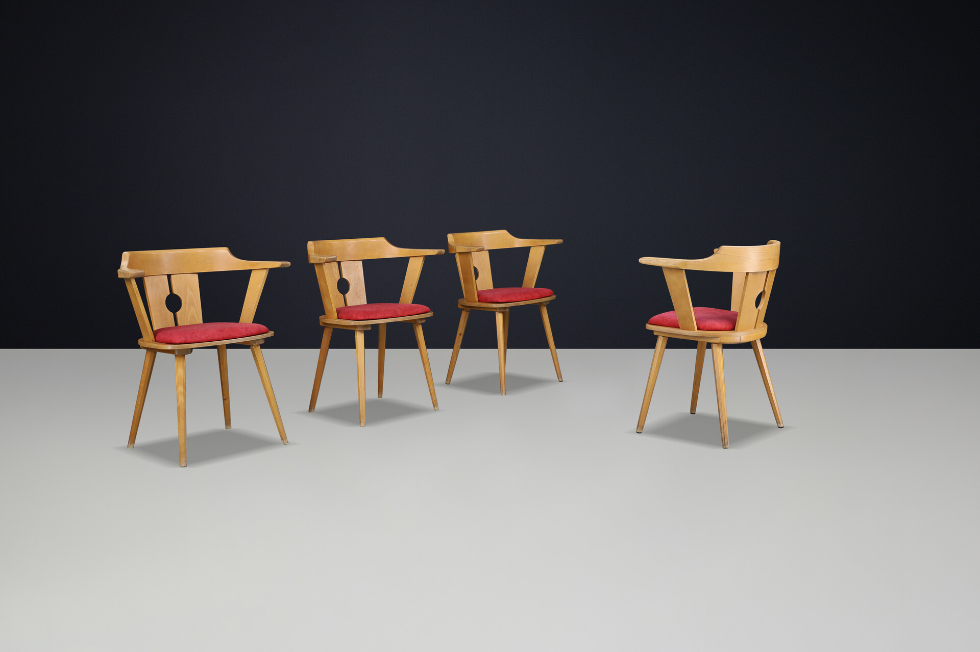 Mid century modern French Bistro Armchair in Beech and Red Upholstery, 1950s Mid-20th century