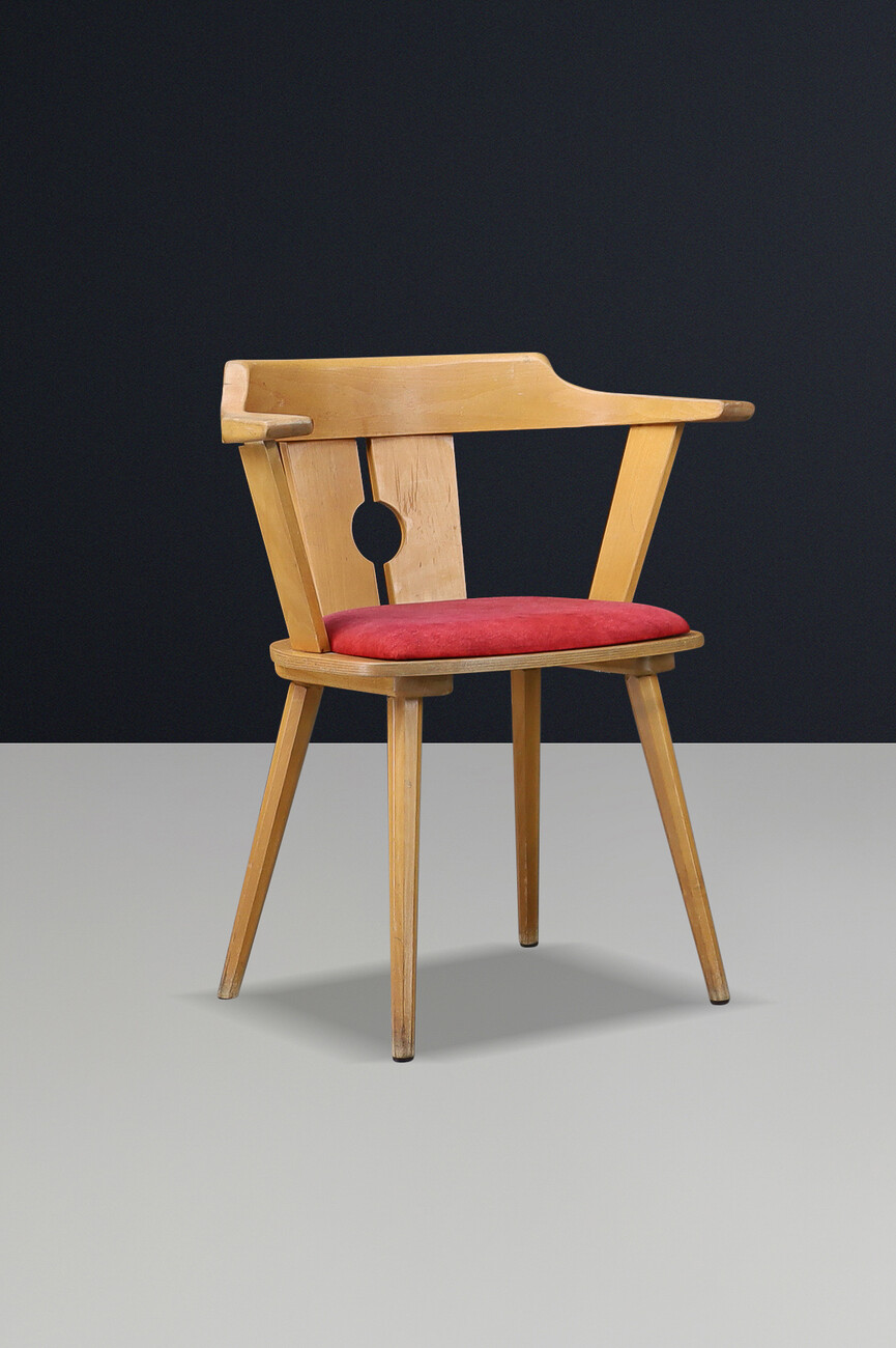 Mid century modern French Bistro Armchair in Beech and Red Upholstery, 1950s Mid-20th century