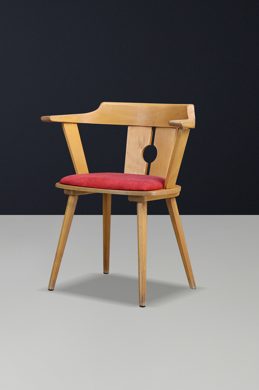 Mid century modern French Bistro Armchair in Beech and Red Upholstery, 1950s Mid-20th century