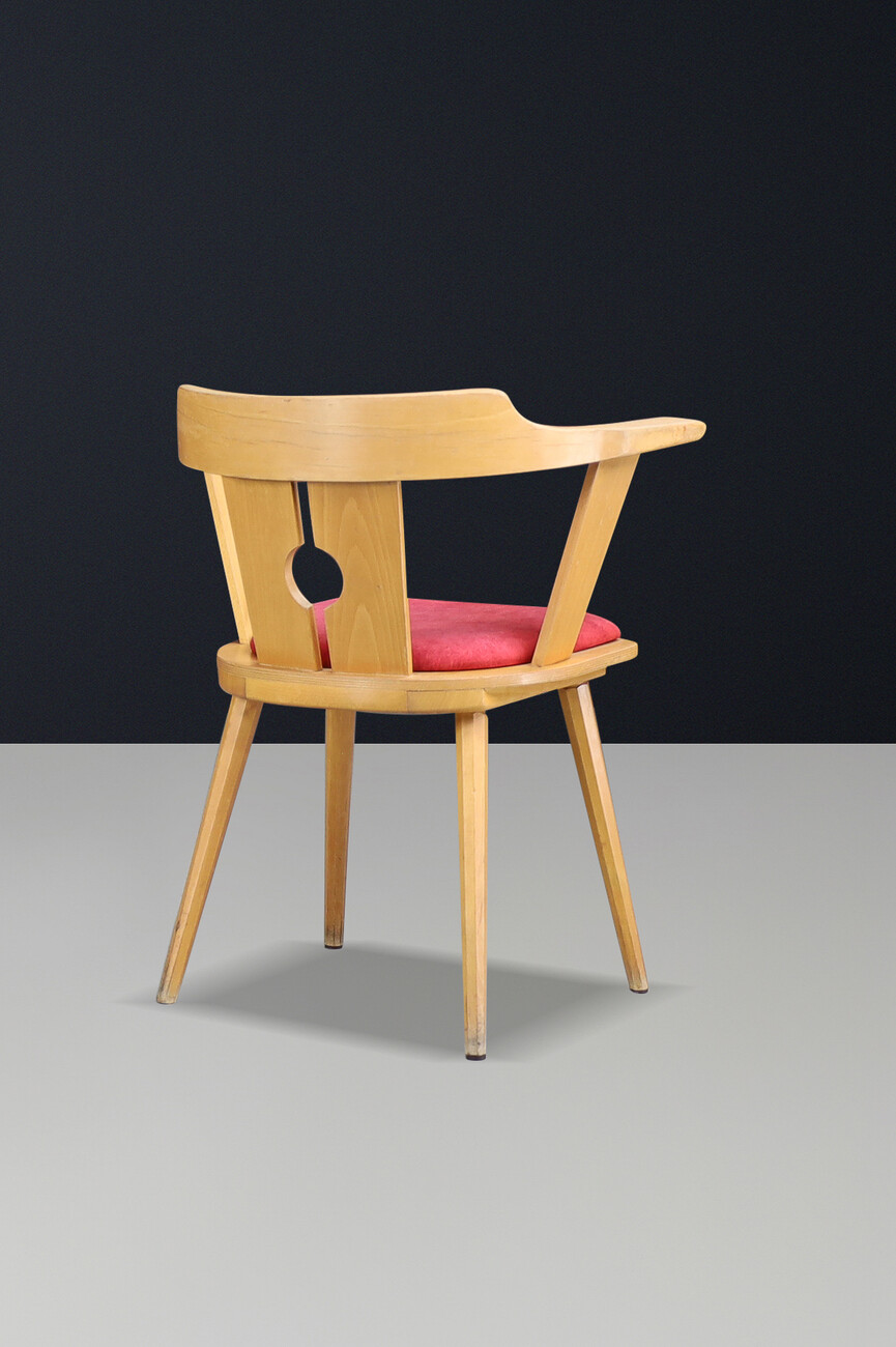 Mid century modern French Bistro Armchair in Beech and Red Upholstery, 1950s Mid-20th century