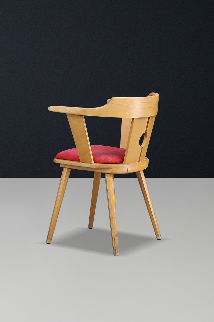 Mid century modern French Bistro Armchair in Beech and Red Upholstery, 1950s Mid-20th century