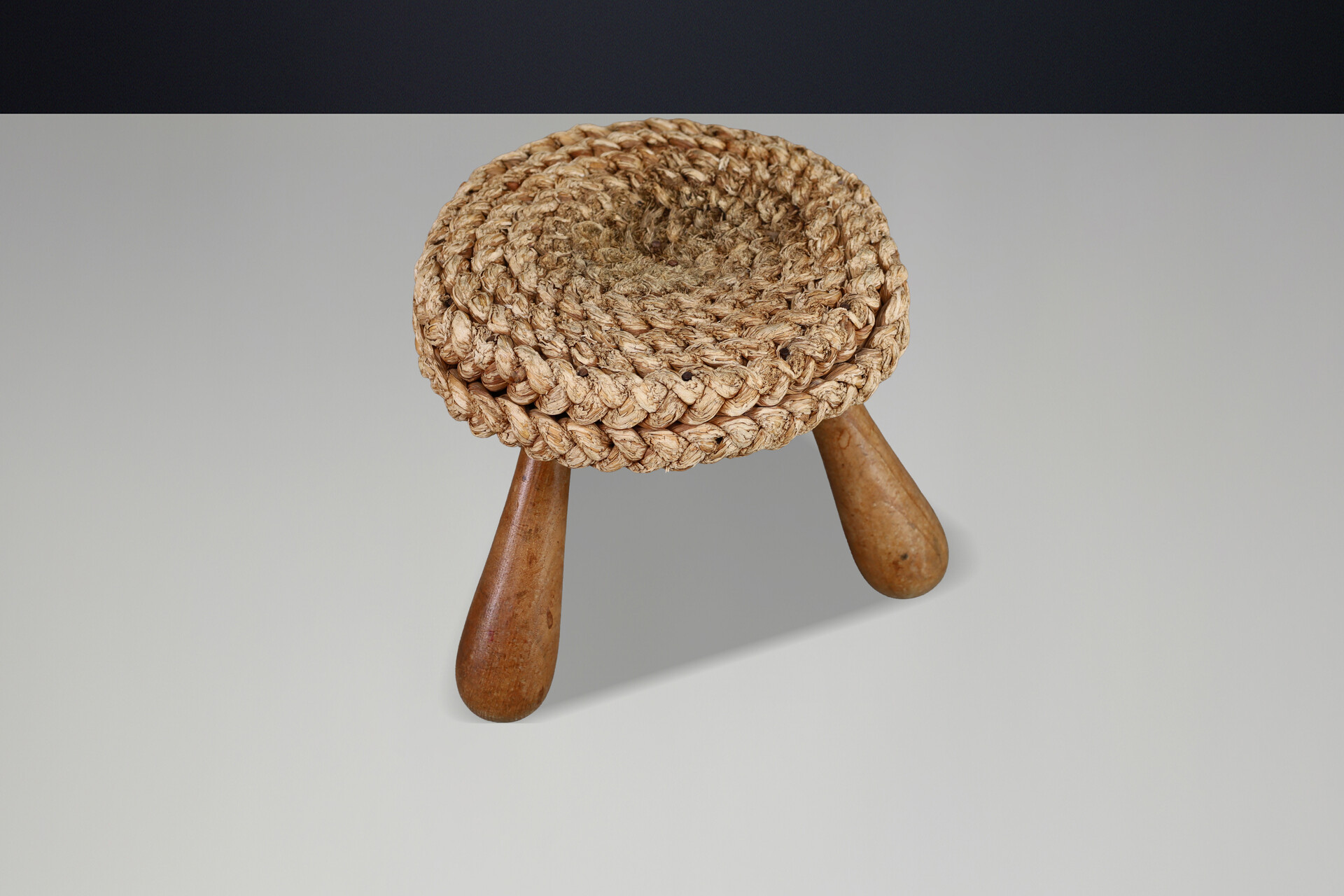 Mid century modern French Rope Stool by Audoux Minet, Mid-Century Tripod, 1960s Mid-20th century