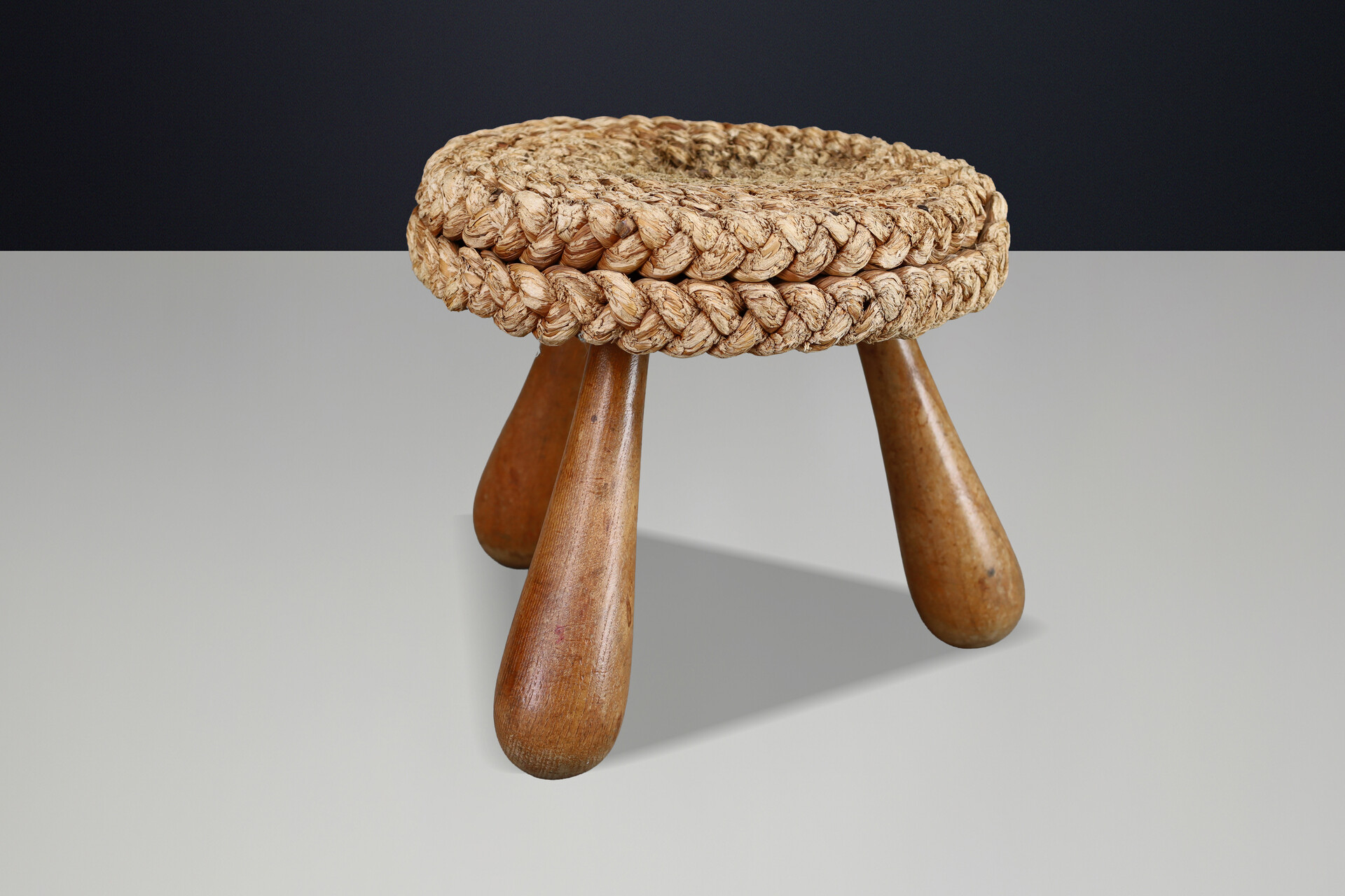 Mid century modern French Rope Stool by Audoux Minet, Mid-Century Tripod, 1960s Mid-20th century