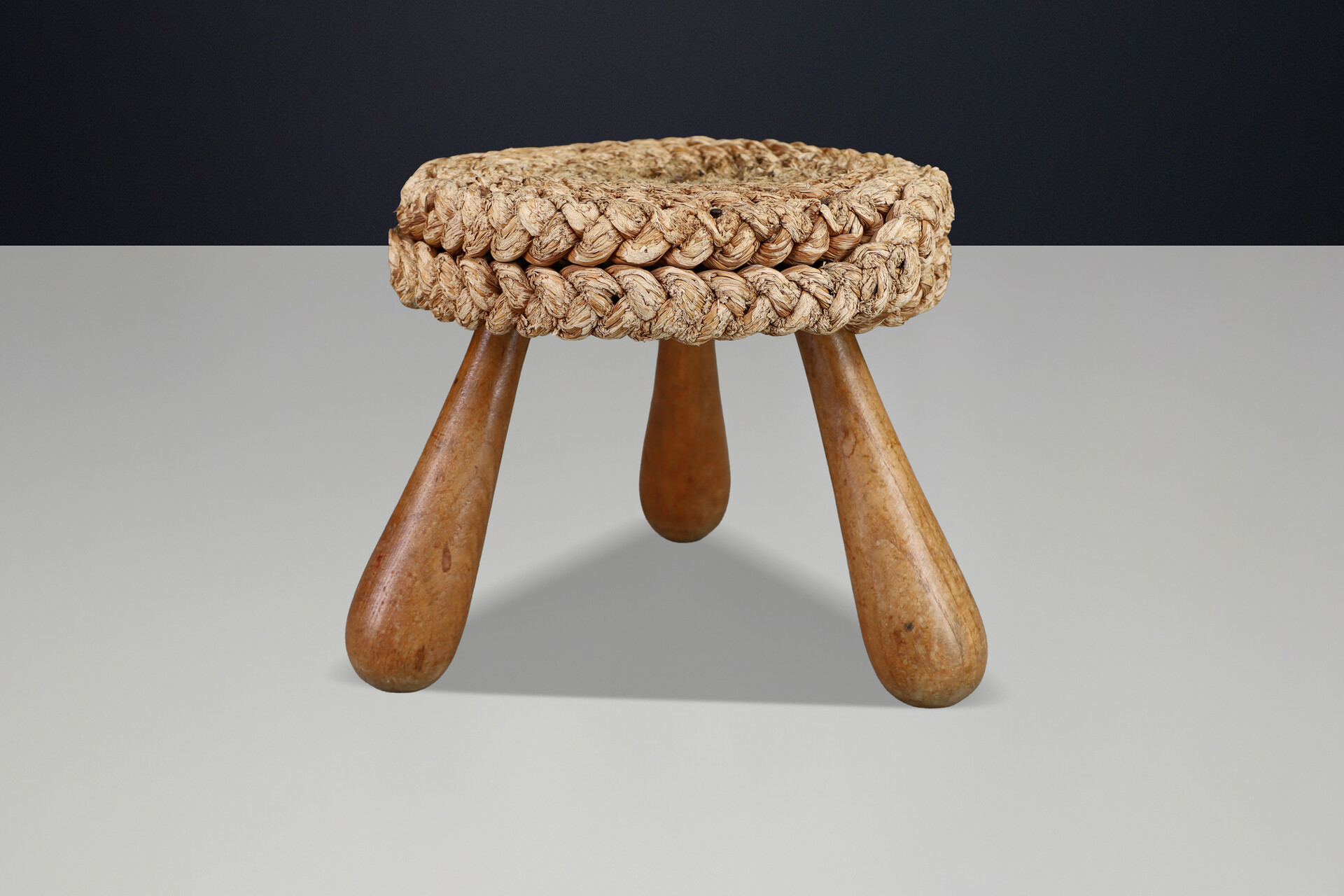 Mid century modern French Rope Stool by Audoux Minet, Mid-Century Tripod, 1960s Mid-20th century