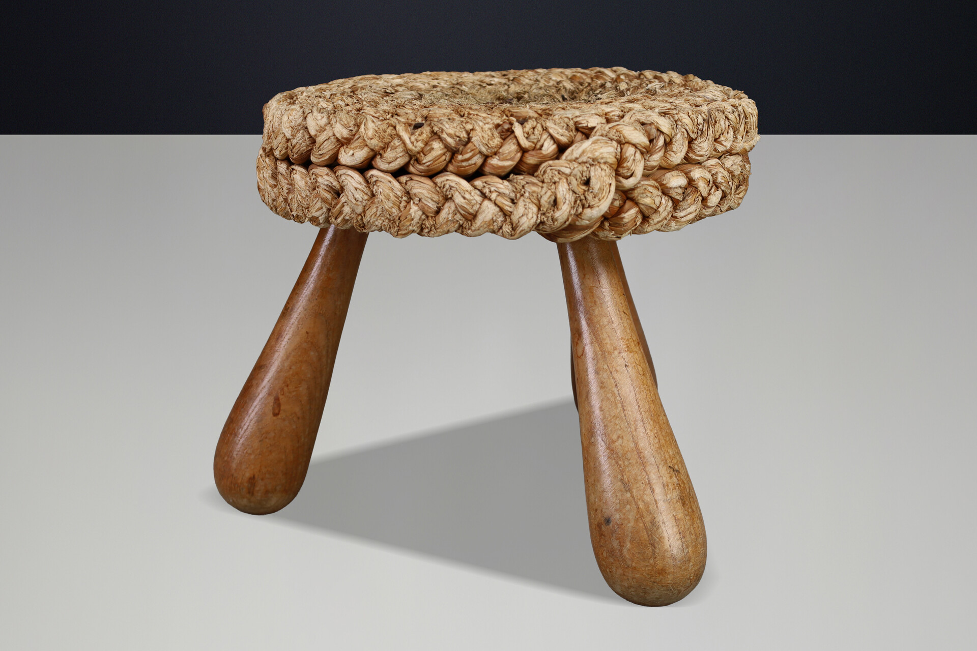 Mid century modern French Rope Stool by Audoux Minet, Mid-Century Tripod, 1960s Mid-20th century