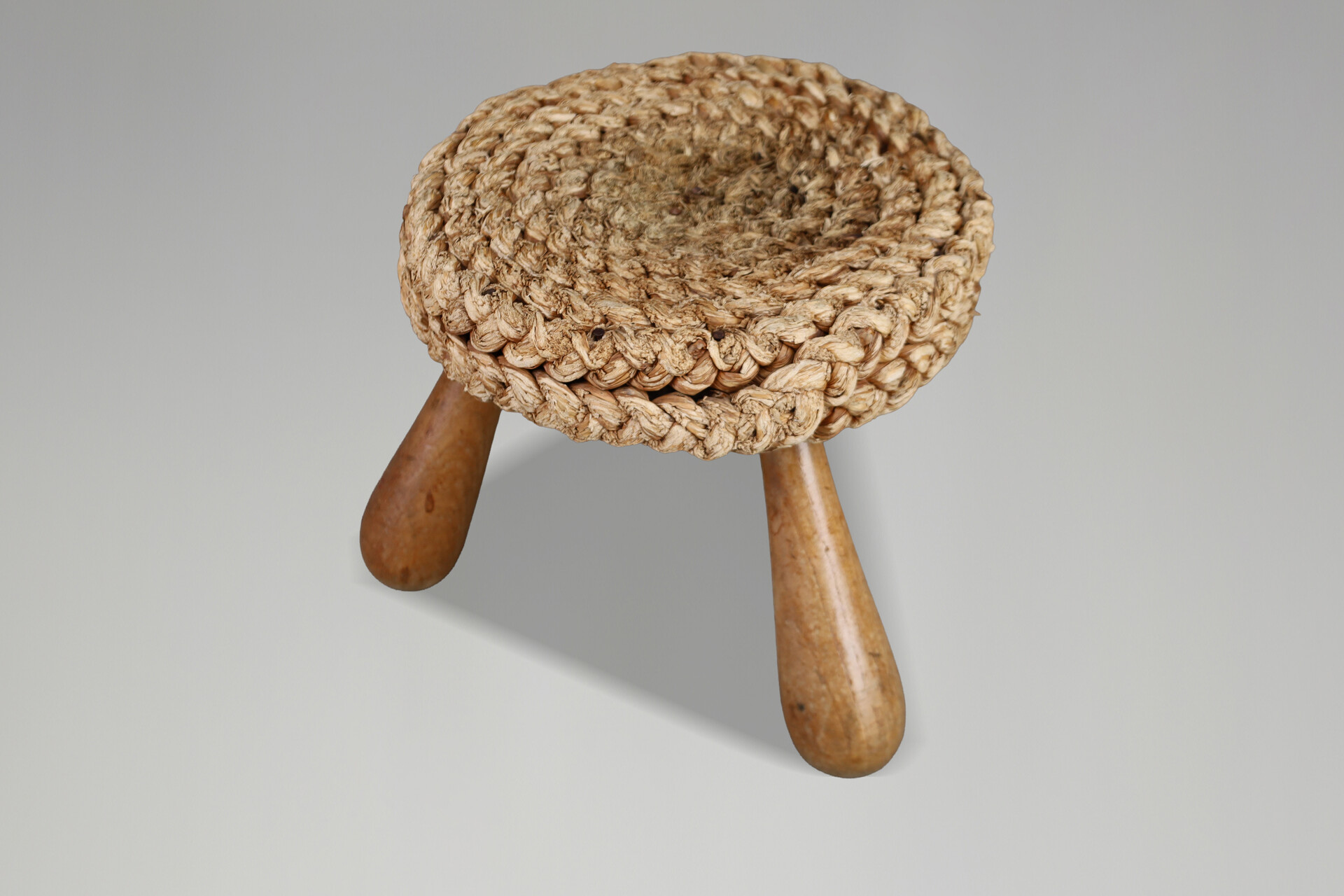 Mid century modern French Rope Stool by Audoux Minet, Mid-Century Tripod, 1960s Mid-20th century