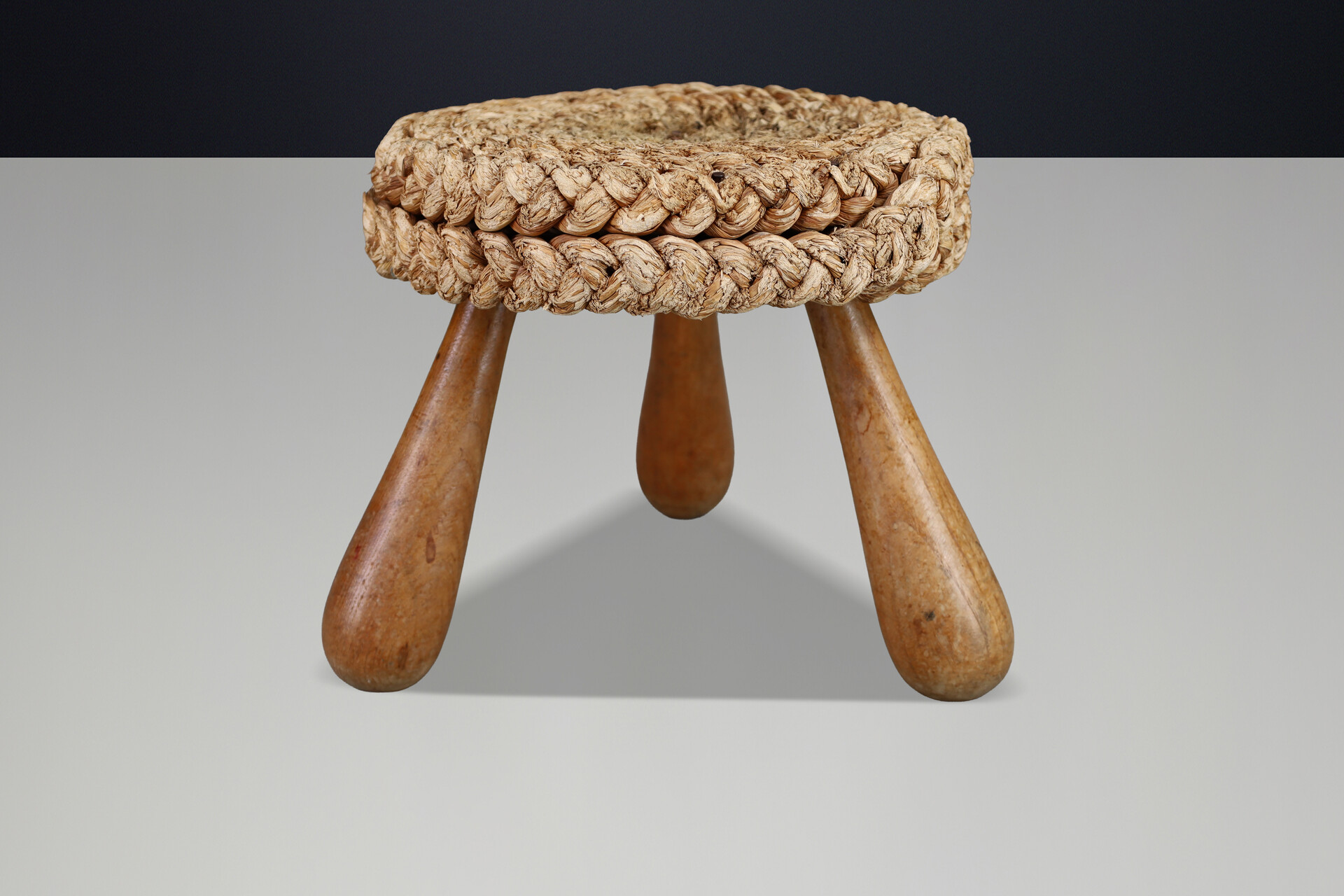 Mid century modern French Rope Stool by Audoux Minet, Mid-Century Tripod, 1960s Mid-20th century