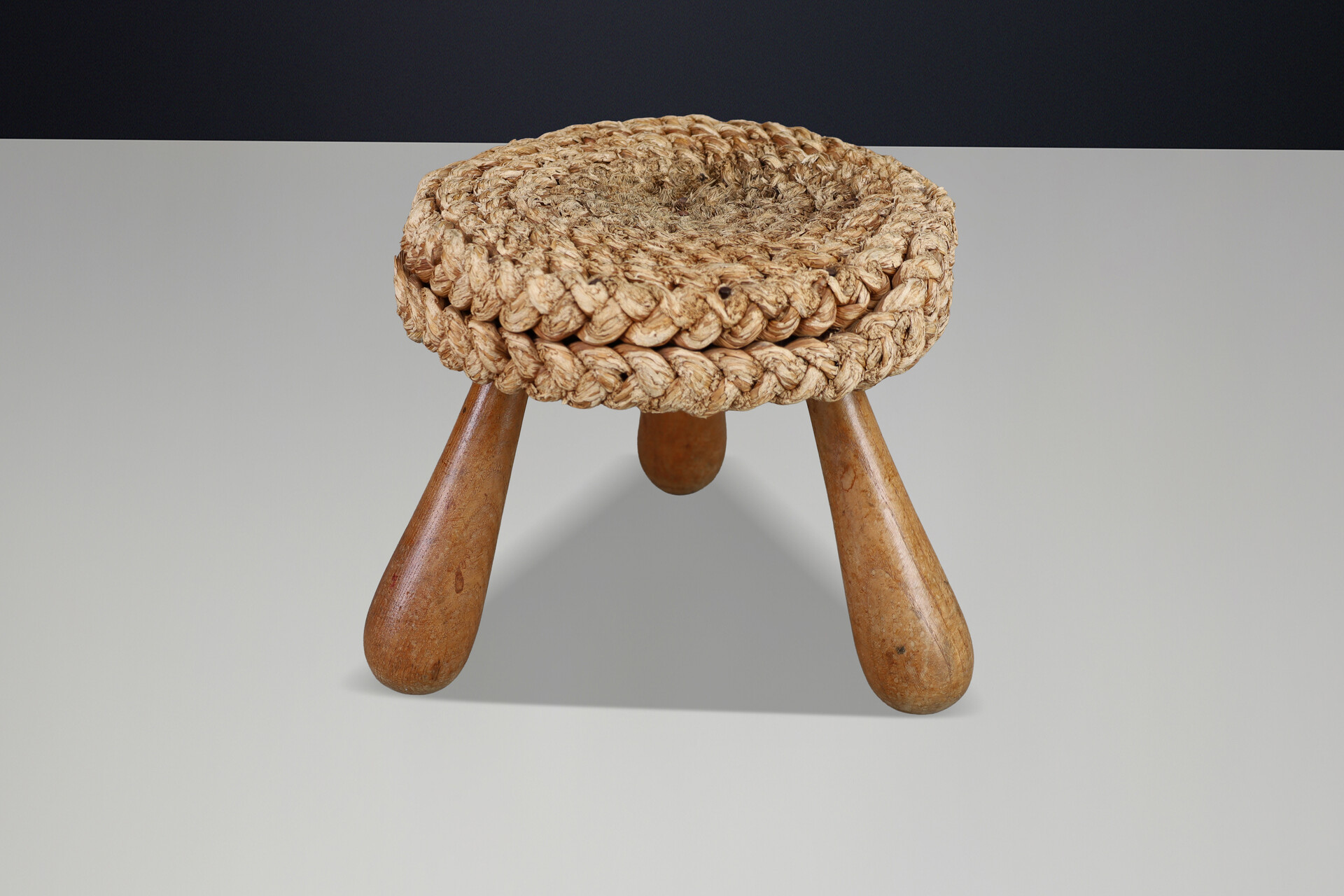 Mid century modern French Rope Stool by Audoux Minet, Mid-Century Tripod, 1960s Mid-20th century
