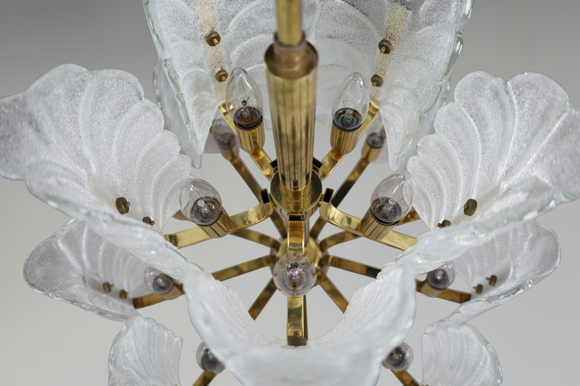 Mid century modern Frosted glass leaf shade and Brass Chandelier by Carl Fagerlund for Orrefors, Sweden 1960s Mid-20th century