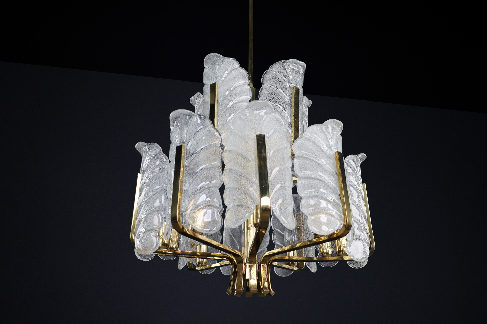 Mid century modern Frosted glass leaf shade and Brass Chandelier by Carl Fagerlund for Orrefors, Sweden 1960s Mid-20th century