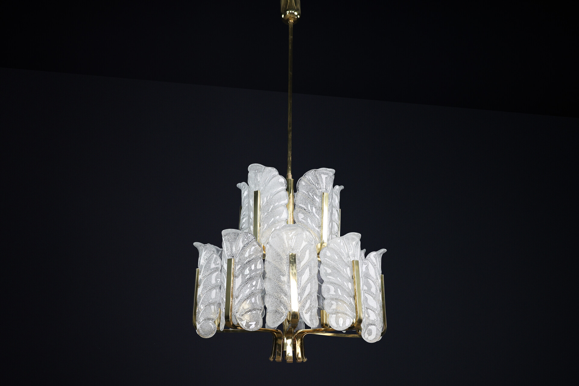 Mid century modern Frosted glass leaf shade and Brass Chandelier by Carl Fagerlund for Orrefors, Sweden 1960s Mid-20th century