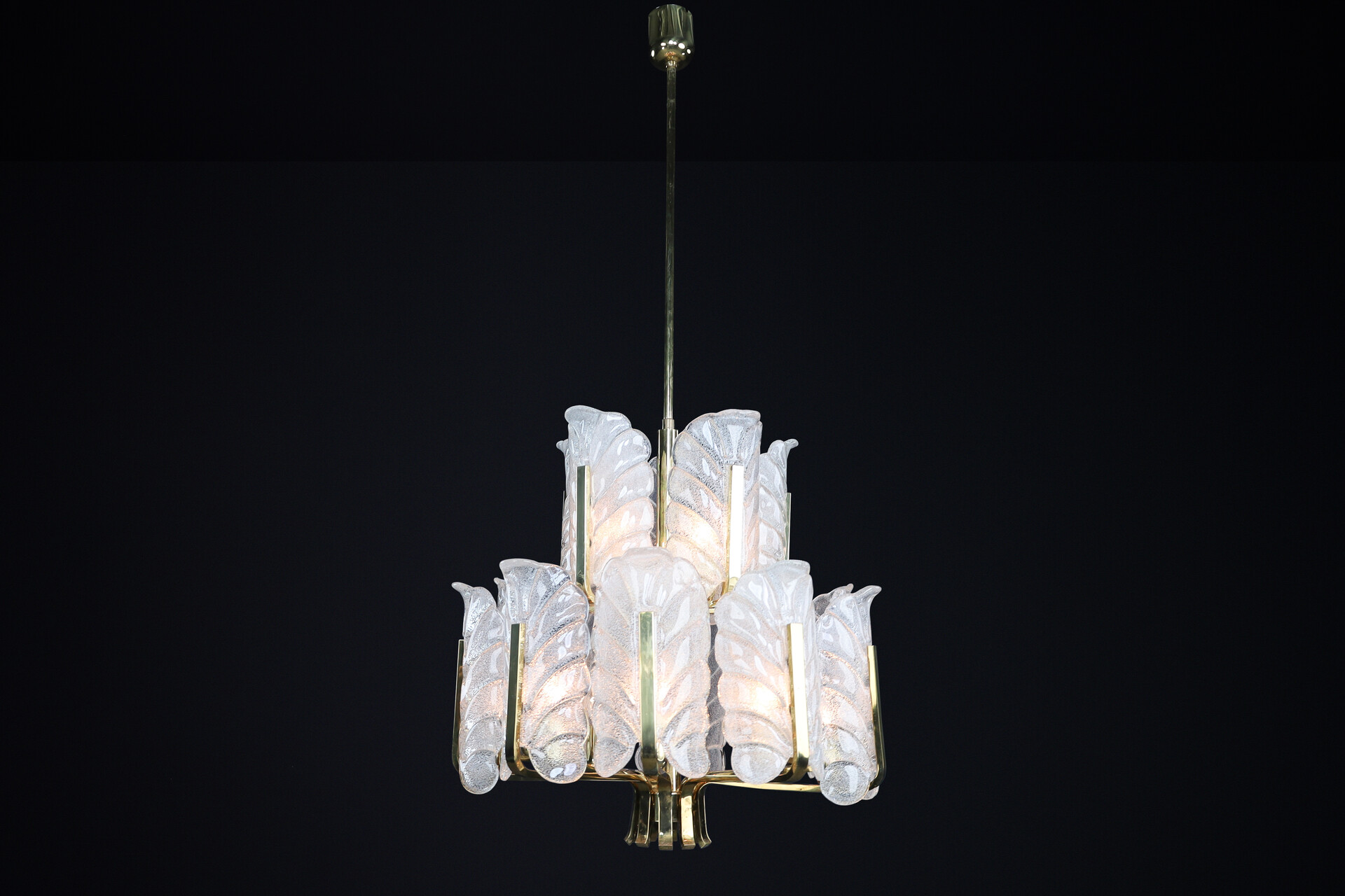 Mid century modern Frosted glass leaf shade and Brass Chandelier by Carl Fagerlund for Orrefors, Sweden 1960s Mid-20th century