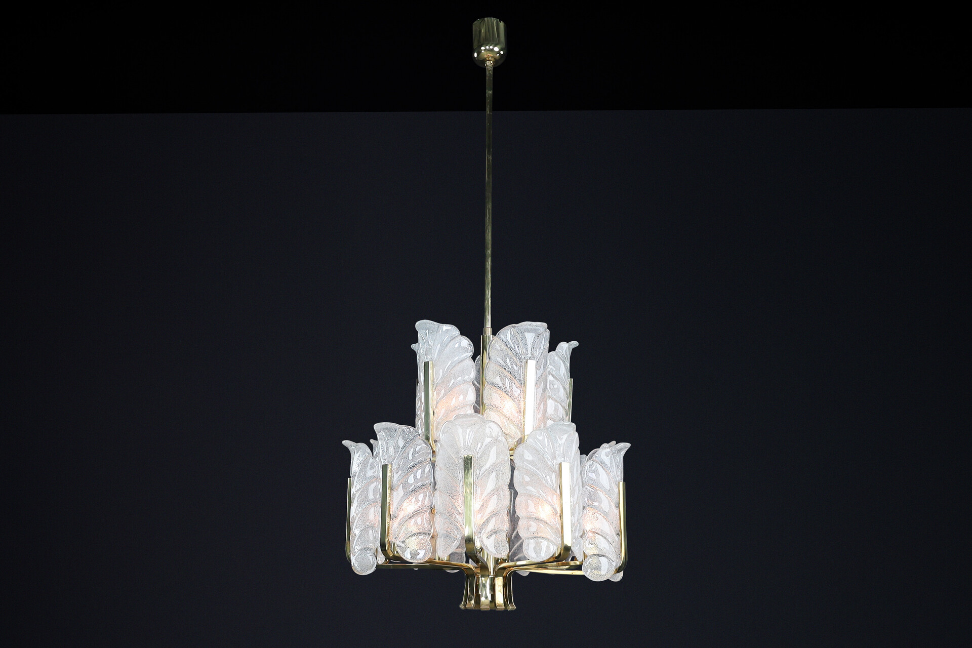 Mid century modern Frosted glass leaf shade and Brass Chandelier by Carl Fagerlund for Orrefors, Sweden 1960s Mid-20th century