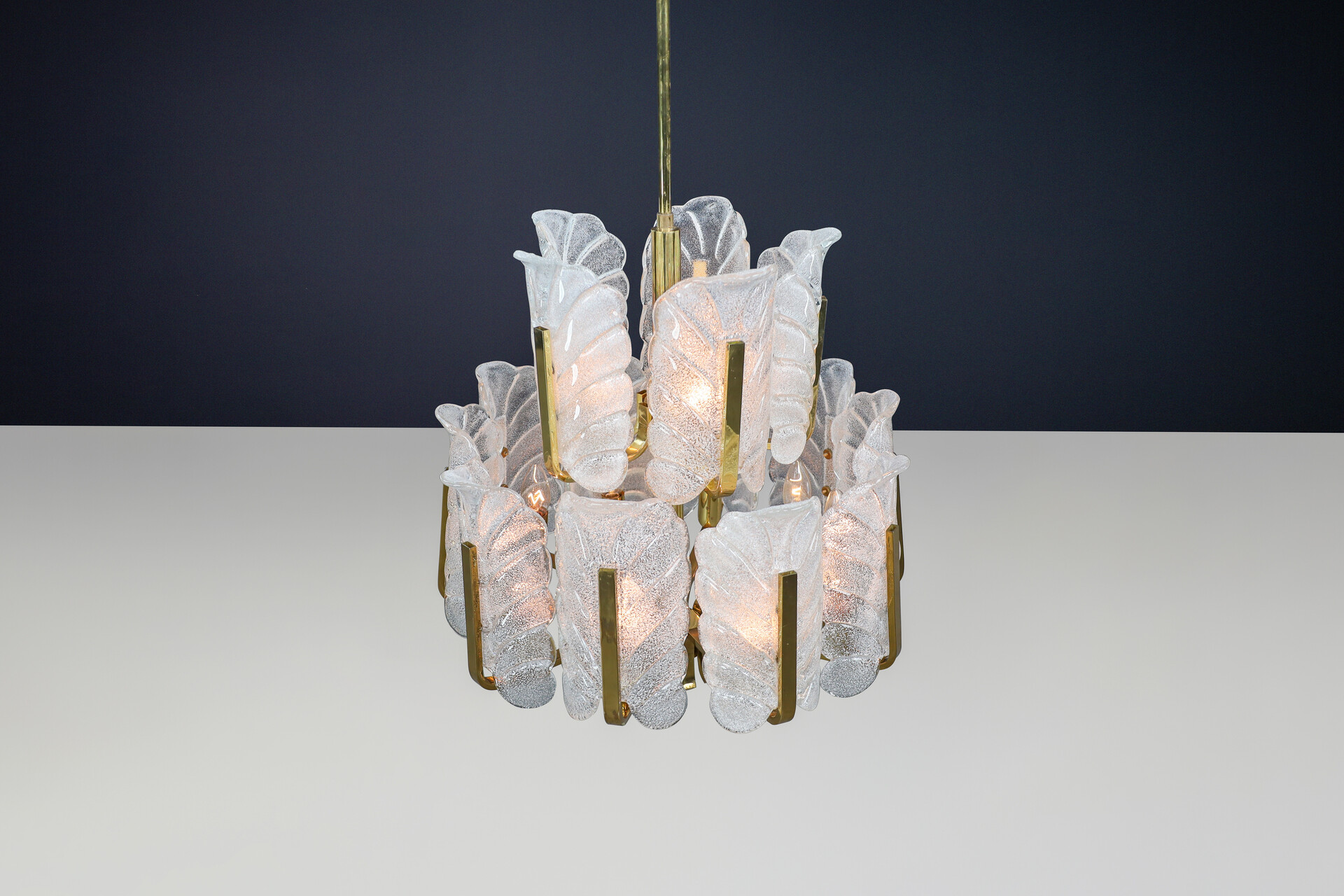 Mid century modern Frosted glass leaf shade and Brass Chandelier by Carl Fagerlund for Orrefors, Sweden 1960s Mid-20th century