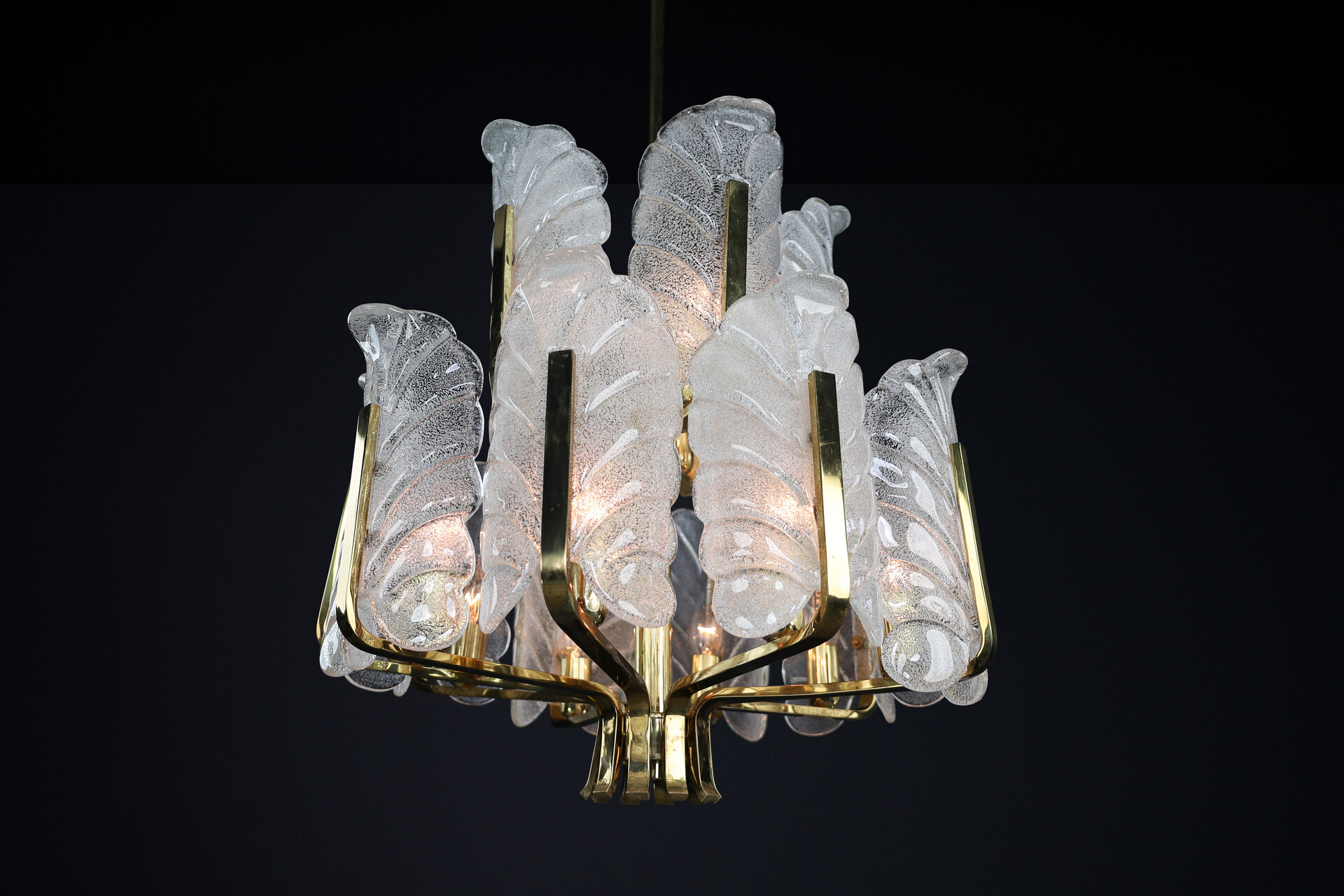 Mid century modern Frosted glass leaf shade and Brass Chandelier by Carl Fagerlund for Orrefors, Sweden 1960s Mid-20th century