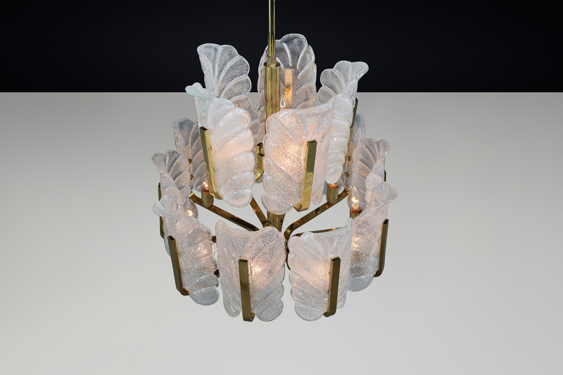 Mid century modern Frosted glass leaf shade and Brass Chandelier by Carl Fagerlund for Orrefors, Sweden 1960s Mid-20th century