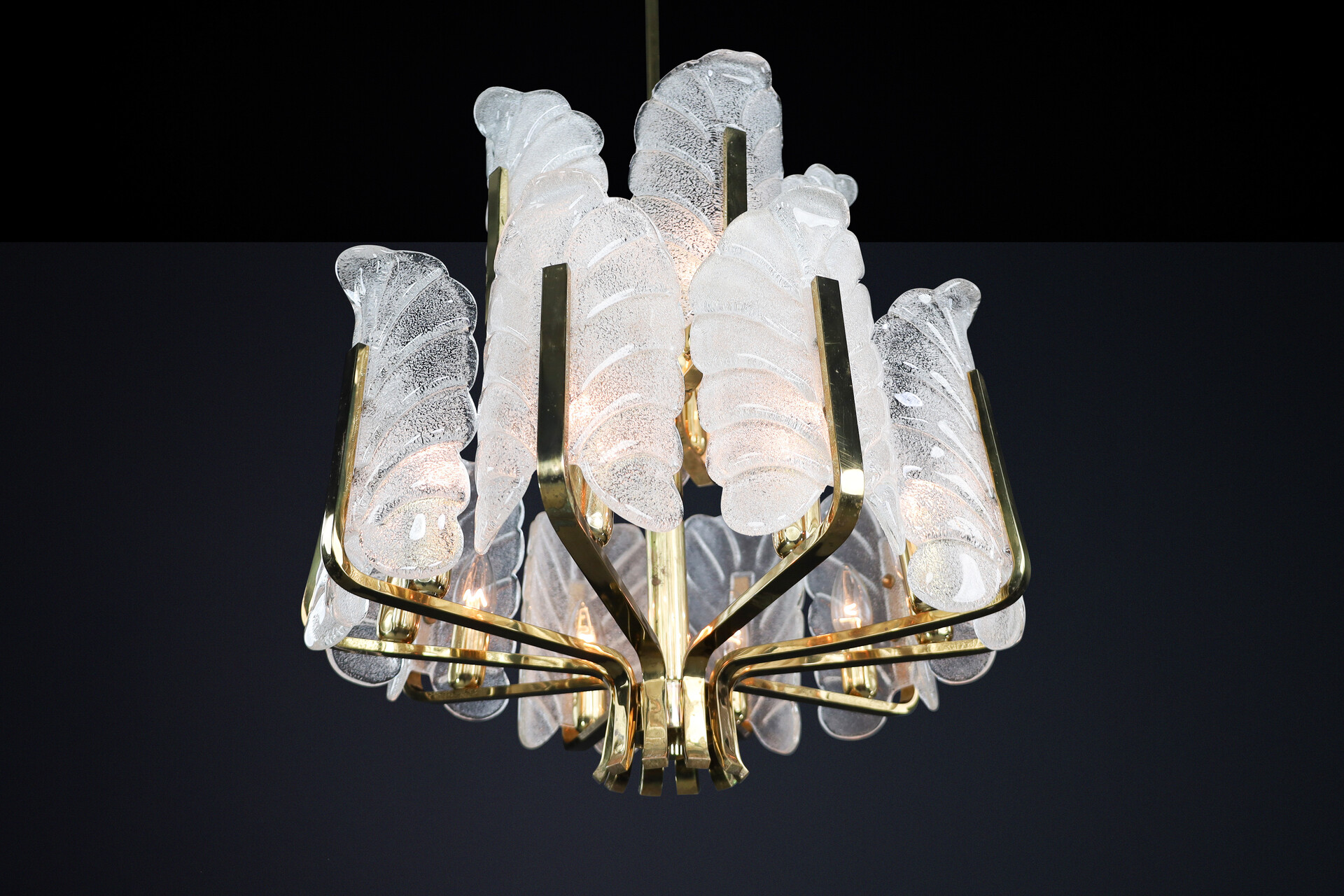 Mid century modern Frosted glass leaf shade and Brass Chandelier by Carl Fagerlund for Orrefors, Sweden 1960s Mid-20th century
