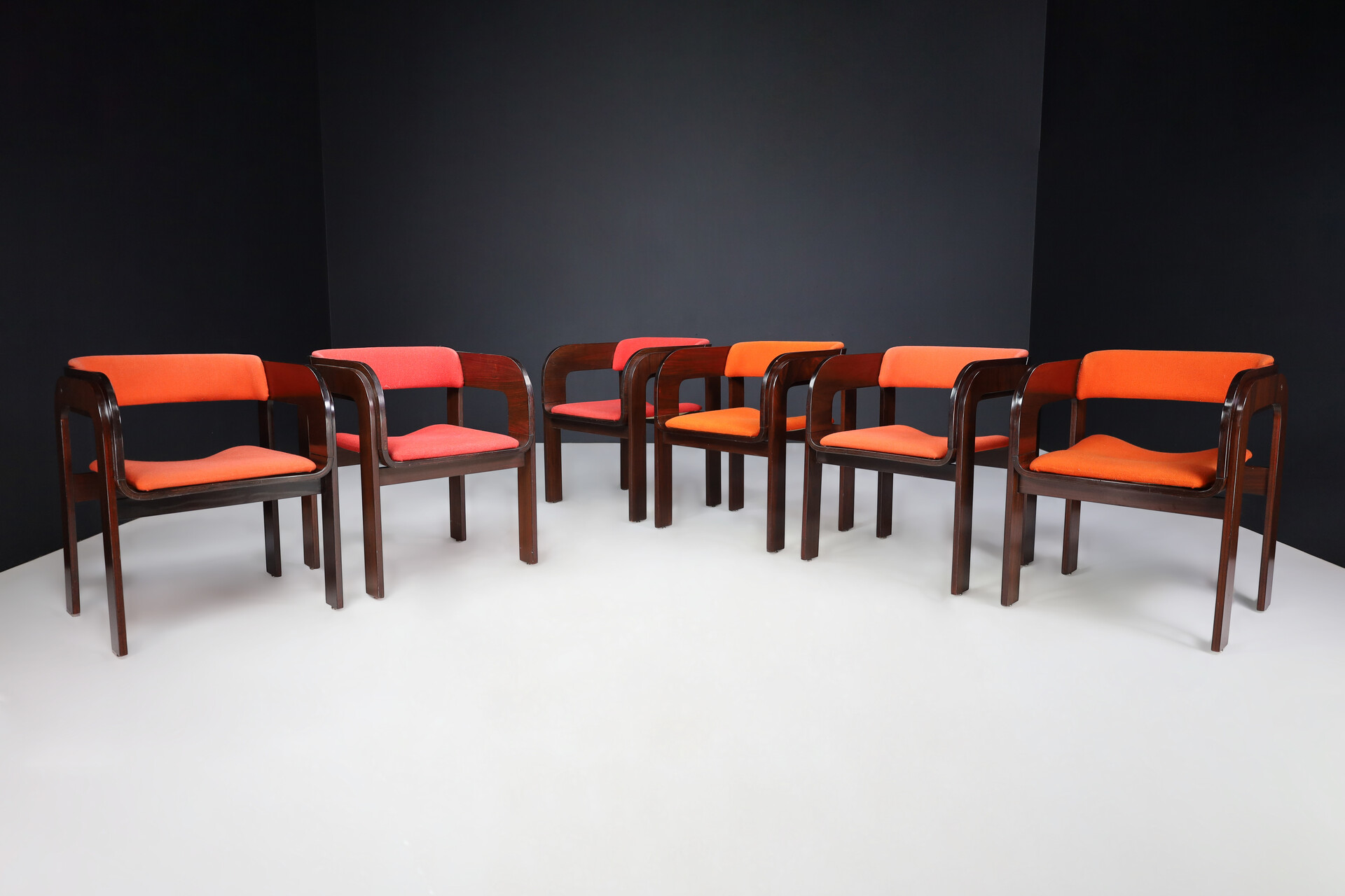 Mid century modern Gae Aulenti Armchairs in walnut and red- orange upholstery , italy 1960s Mid-20th century